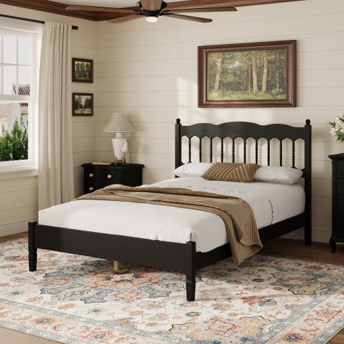 Mintazer Farmhouse Full Platform Bed with Spindle Headboard, Vintage Arched Slat Platform Bed Frame for Bedroom, No Box Spring Required, Black