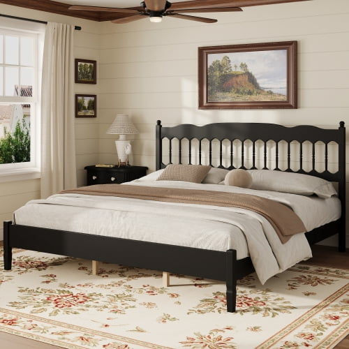 Mintazer Farmhouse King Platform Bed with Spindle Headboard, Vintage Arched Slat Platform Bed Frame for Bedroom, No Box Spring Required, Black