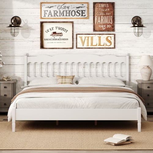 Mintazer Farmhouse King Platform Bed with Spindle Headboard, Vintage Arched Slat Platform Bed Frame for Bedroom, No Box Spring Required, White