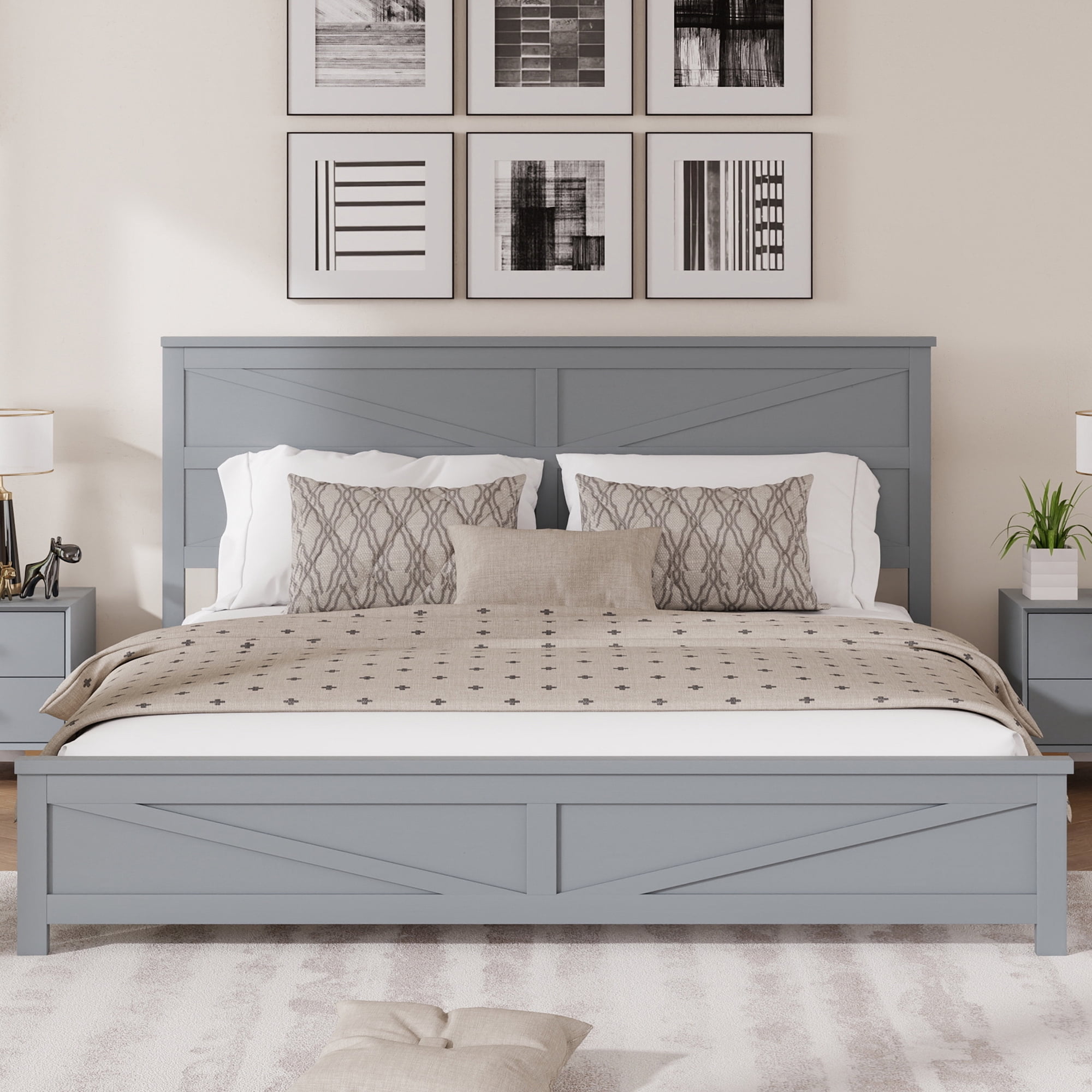 Mintazer Farmhouse King Size Platform Bed with Under-Bed Storage, Platform Bed Frame with Headboard & Footboard for Bedroom, Grey