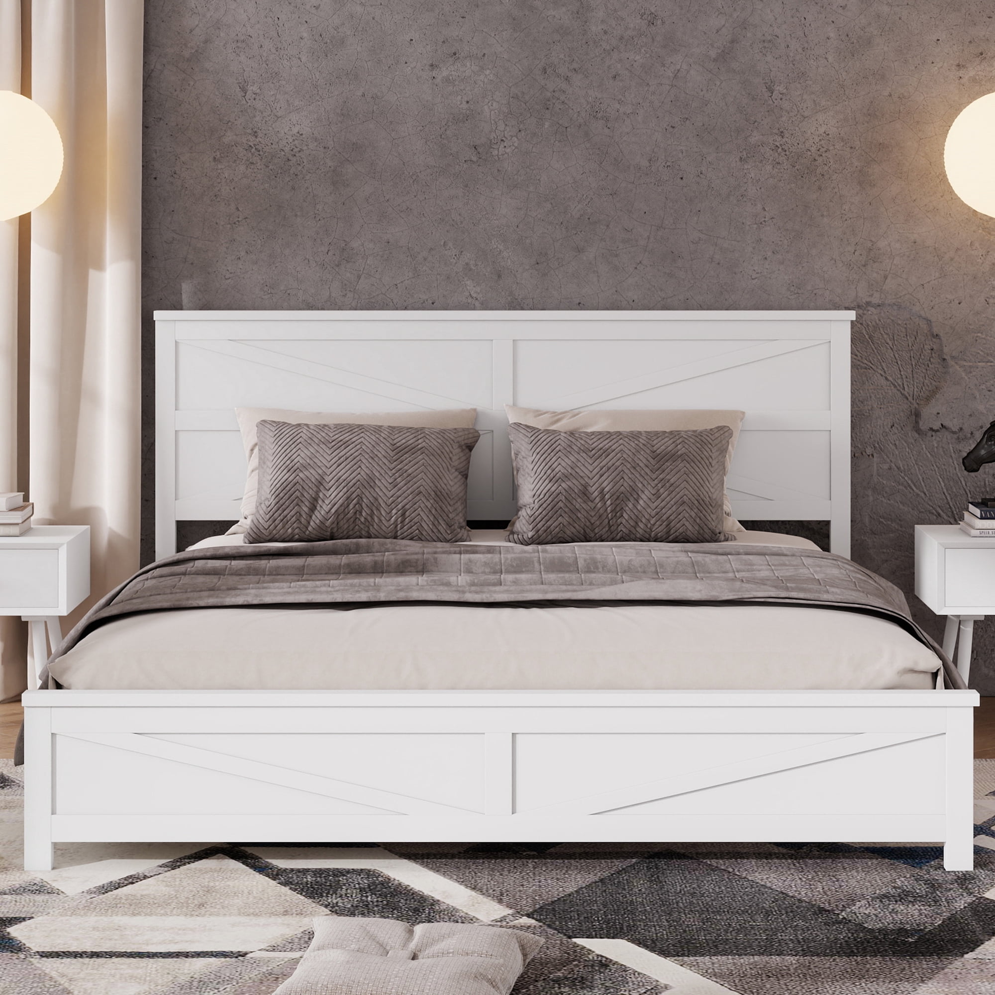 Mintazer Farmhouse King Size Platform Bed with Under-Bed Storage, Platform Bed Frame with Headboard & Footboard for Bedroom, White