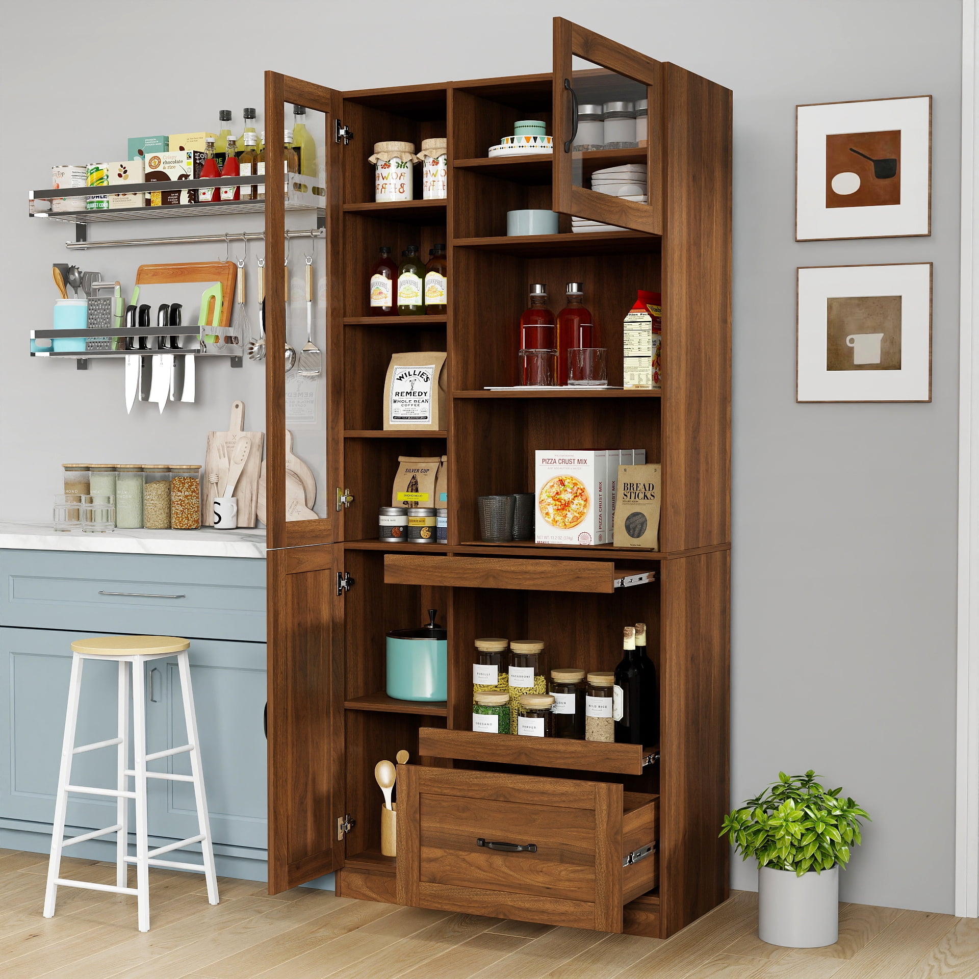 Mintazer Farmhouse Kitchen Hutch Cabinet with Microwave Stand, Freestanding Storage Buffet Sideboard Coffee Bar Cabinet for Home & Pantry, Brown