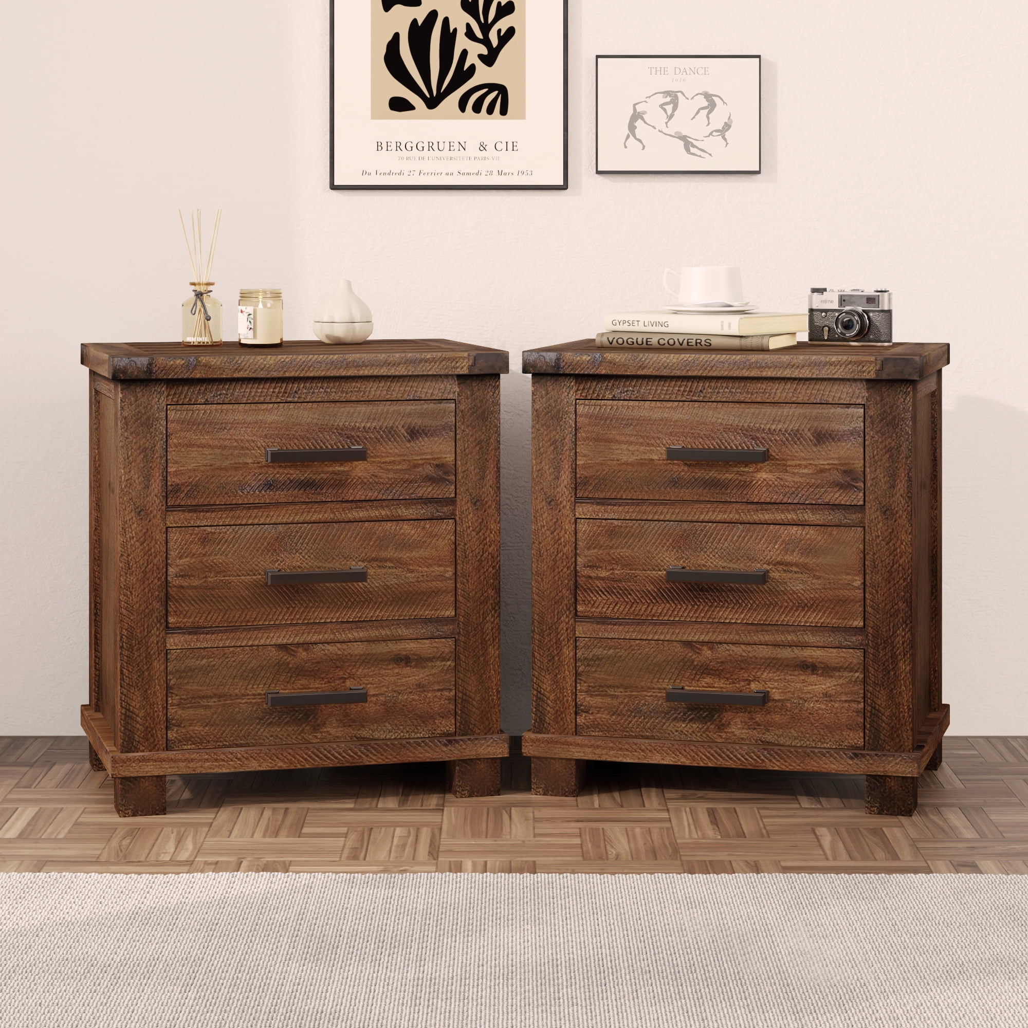 Mintazer Farmhouse Nightstand Set of 2, Nightstands with 3 Drawers, End Tables for Home Office Bedroom, Brown