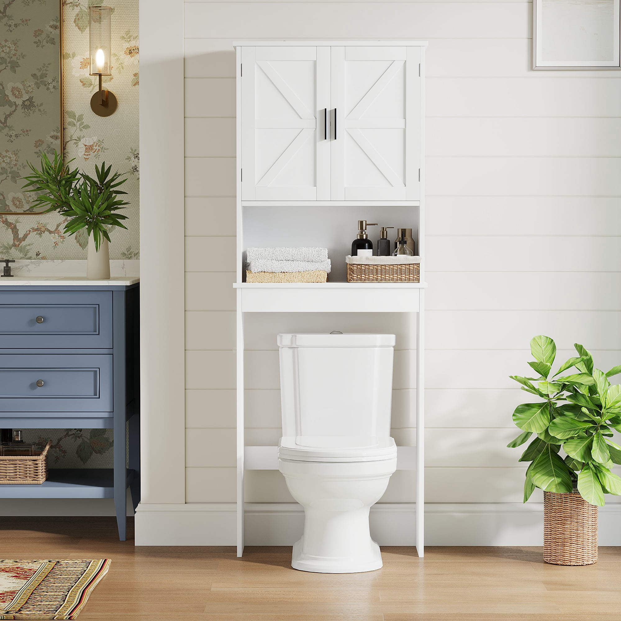 Mintazer Farmhouse Over-The-Toilet Storage Cabinet with 2 Doors & Open Shelves, Freestanding Toilet Rack with Adjustable Shelf, White