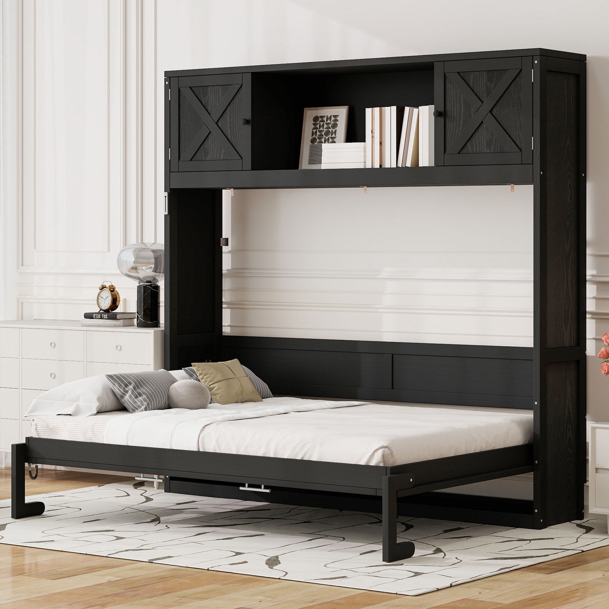 Mintazer Farmhouse Queen Murphy Bed with Storage Cabinets, Folding Wall Platform Bed for Bedroom, Black
