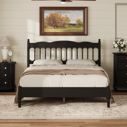 Mintazer Farmhouse Queen Platform Bed with Spindle Headboard, Vintage Arched Slat Platform Bed Frame for Bedroom, No Box Spring Required, Black