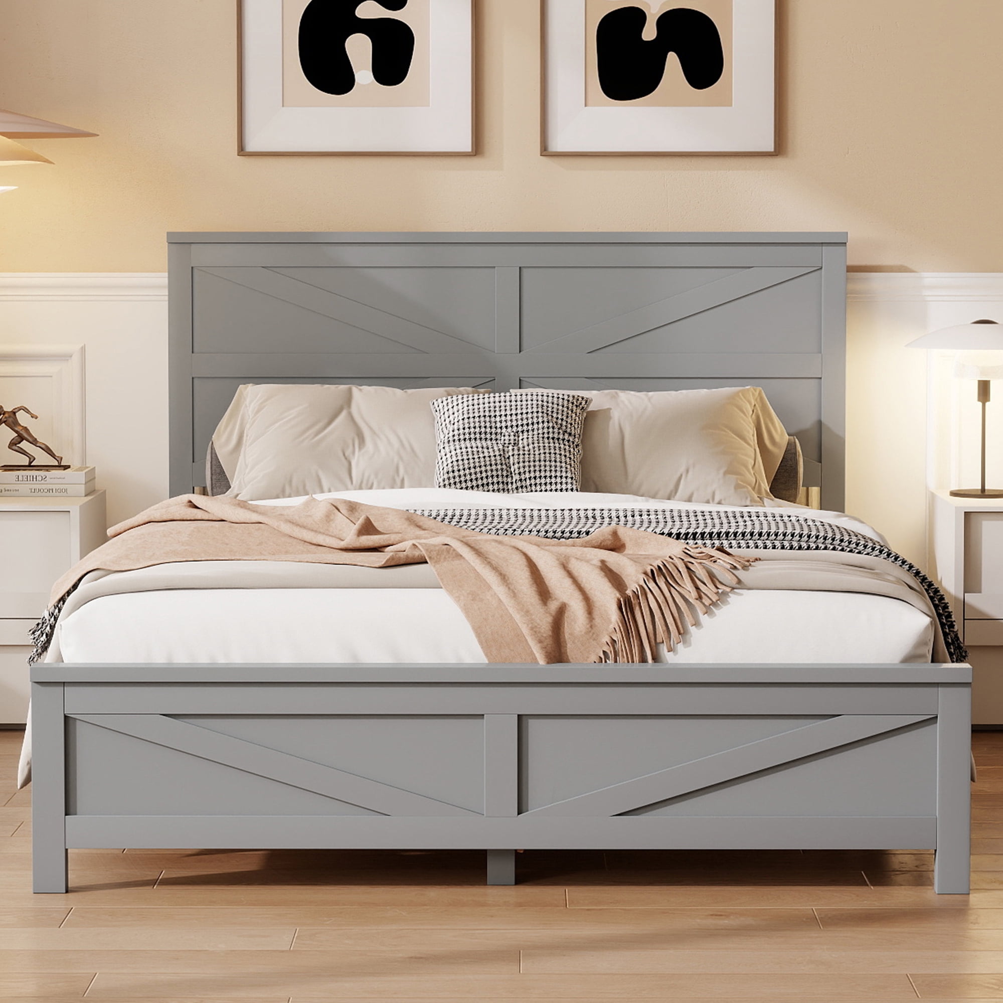 Mintazer Farmhouse Queen Size Platform Bed with Under-Bed Storage, Platform Bed Frame with Headboard & Footboard for Bedroom, Grey