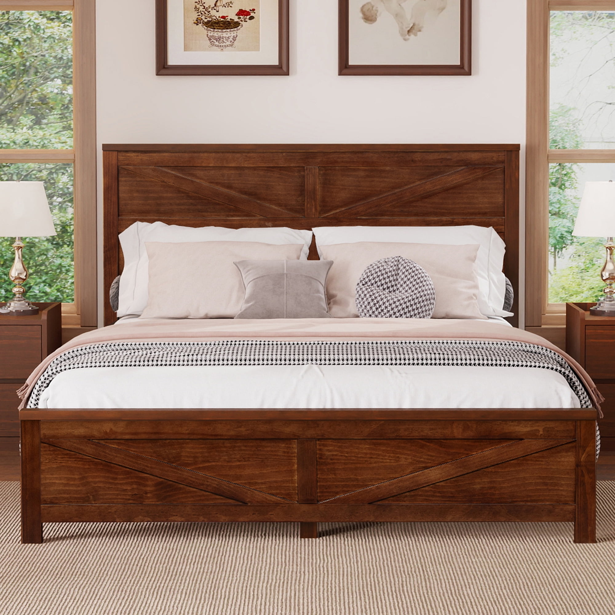 Mintazer Farmhouse Queen Size Platform Bed with Under-Bed Storage, Platform Bed Frame with Headboard & Footboard for Bedroom, Walnut