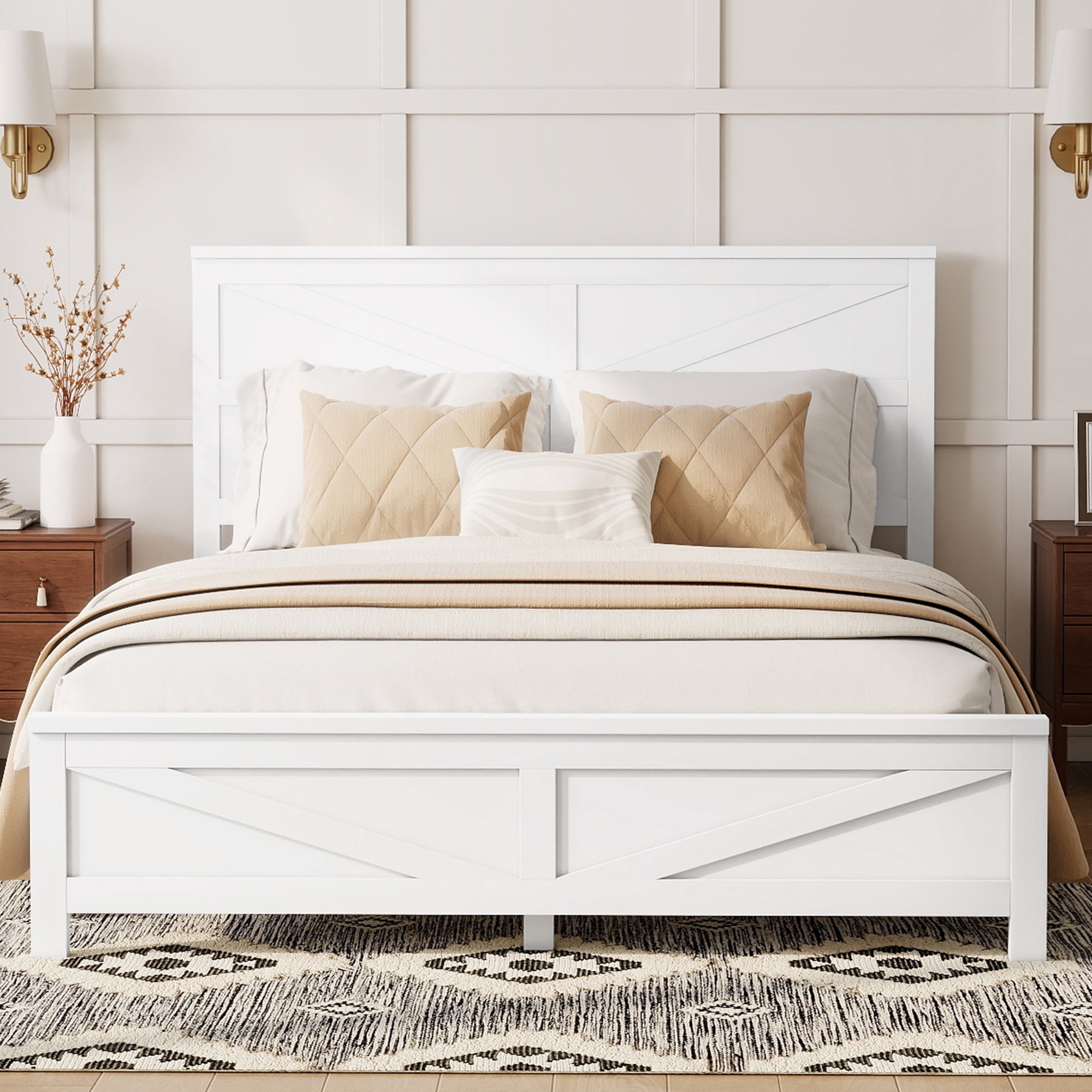 Mintazer Farmhouse Queen Size Platform Bed with Under-Bed Storage, Platform Bed Frame with Headboard & Footboard for Bedroom, White