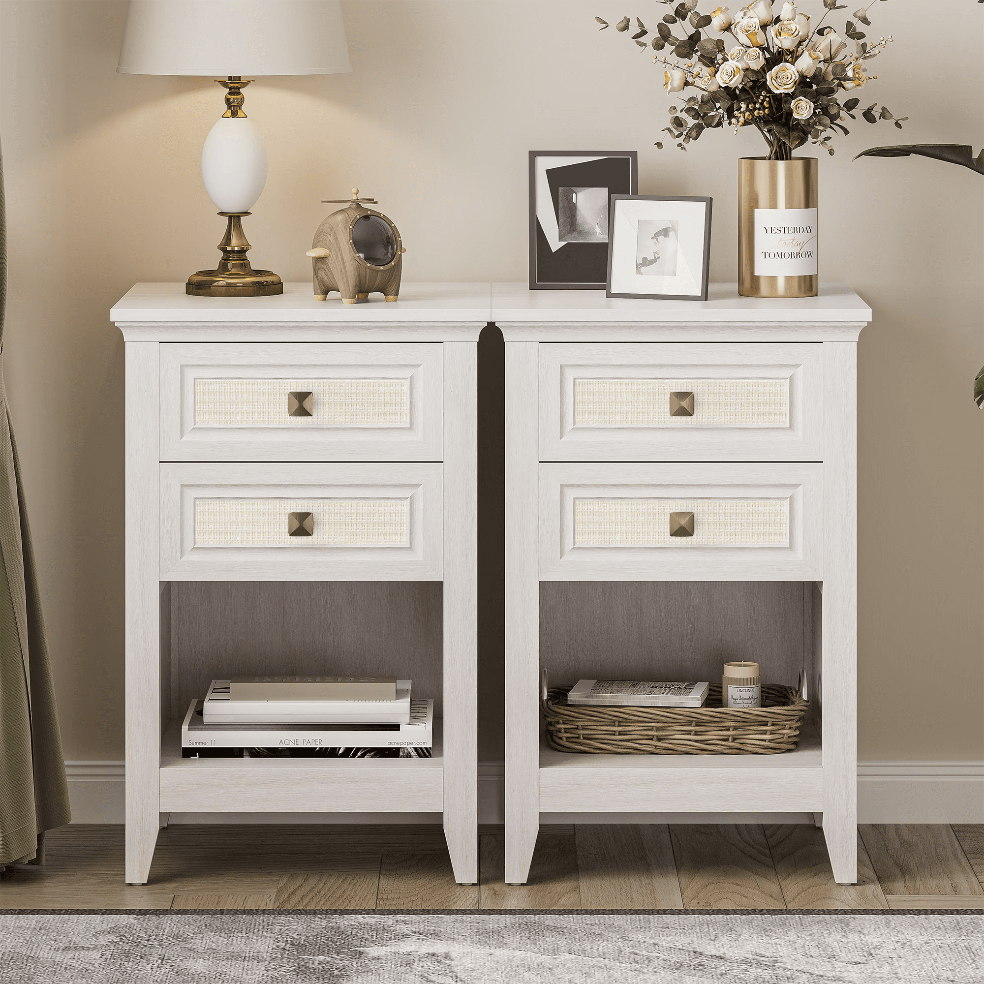 Mintazer Farmhouse Rattan Nightstand Set of 2, Bedside Table with 2 Drawer & Open Storage Compartment, Accent End Table for Bedroom & Living Room, White