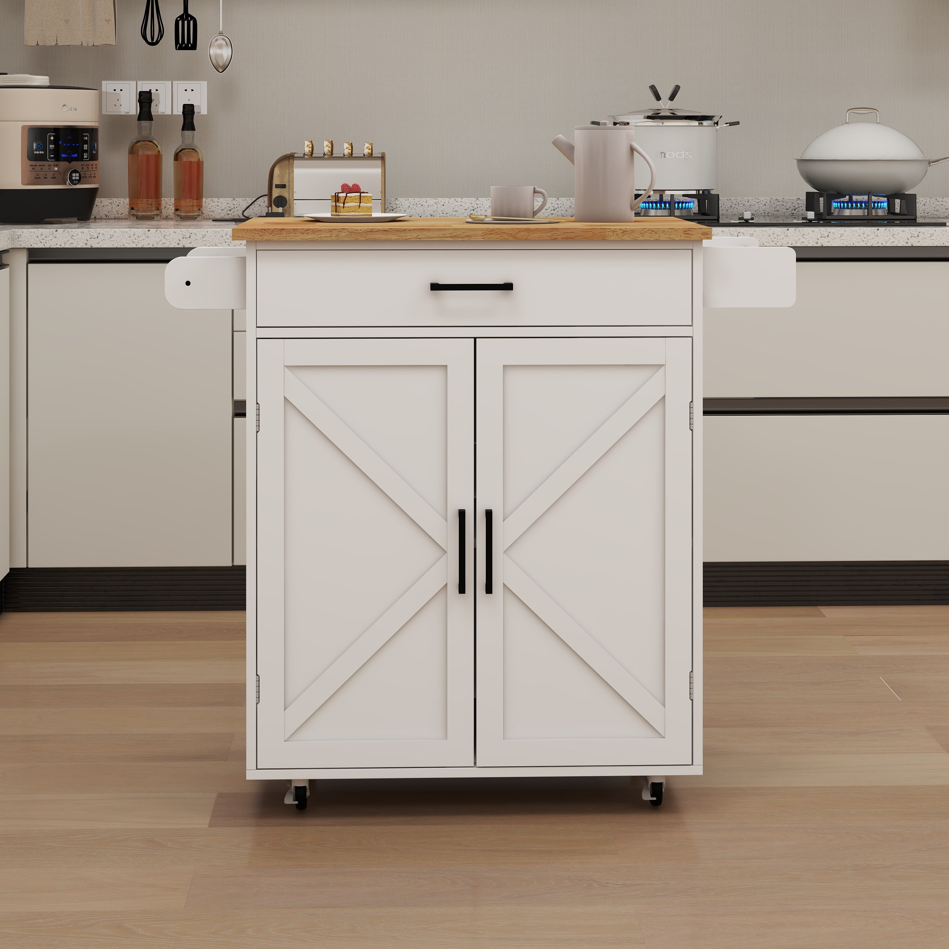 Mintazer Farmhouse Rolling Kitchen Island Cart with Drawer & Adjustable Shelves, Mobile Kitchen Storage Cabinet with 2 Door Cabinet & Towel Rack for Kitchen, White