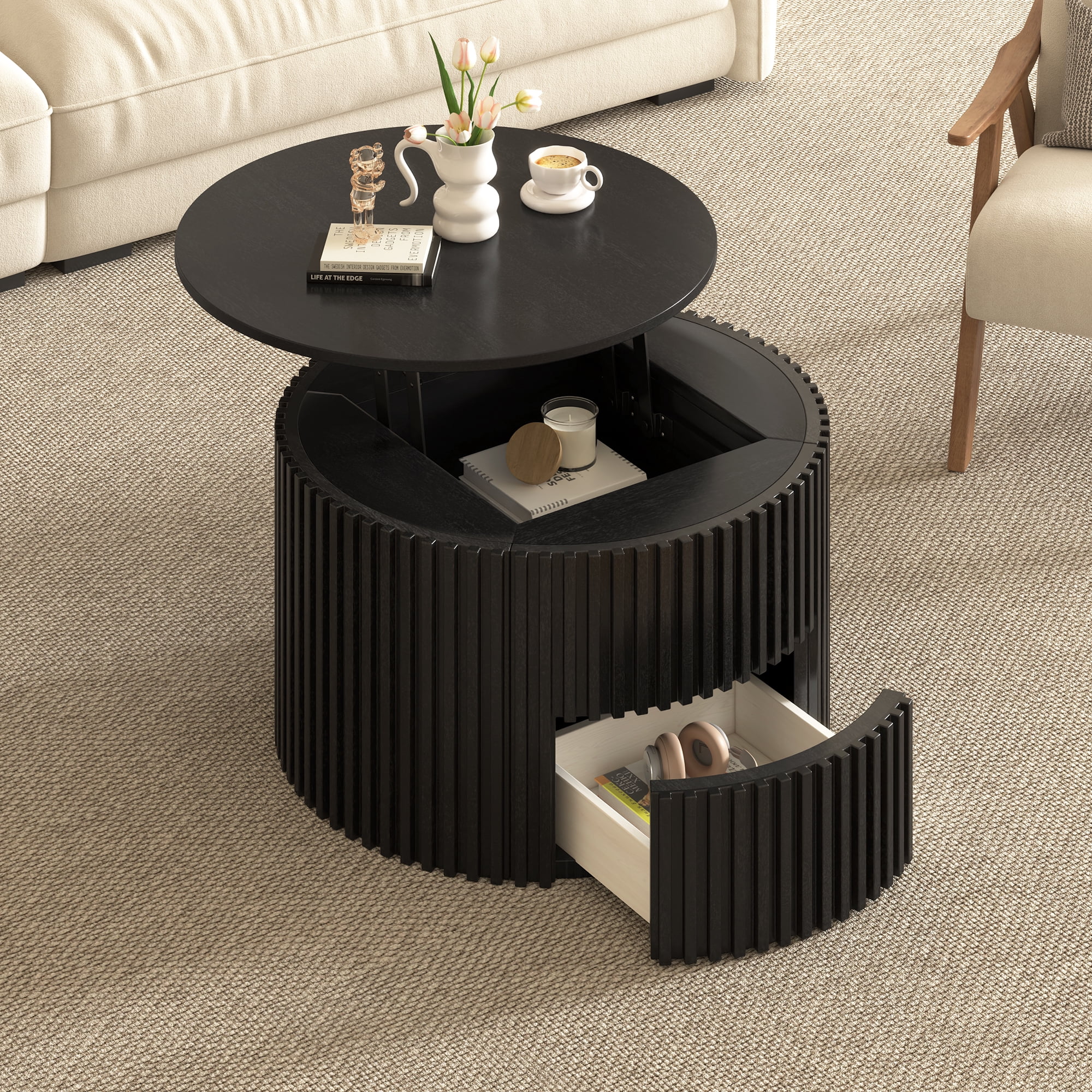 Mintazer Farmhouse Round Lift Top Coffee Table, Modern Fluted Accent Coffee Table with Drawer & Hidden Storage for Living Room, Black