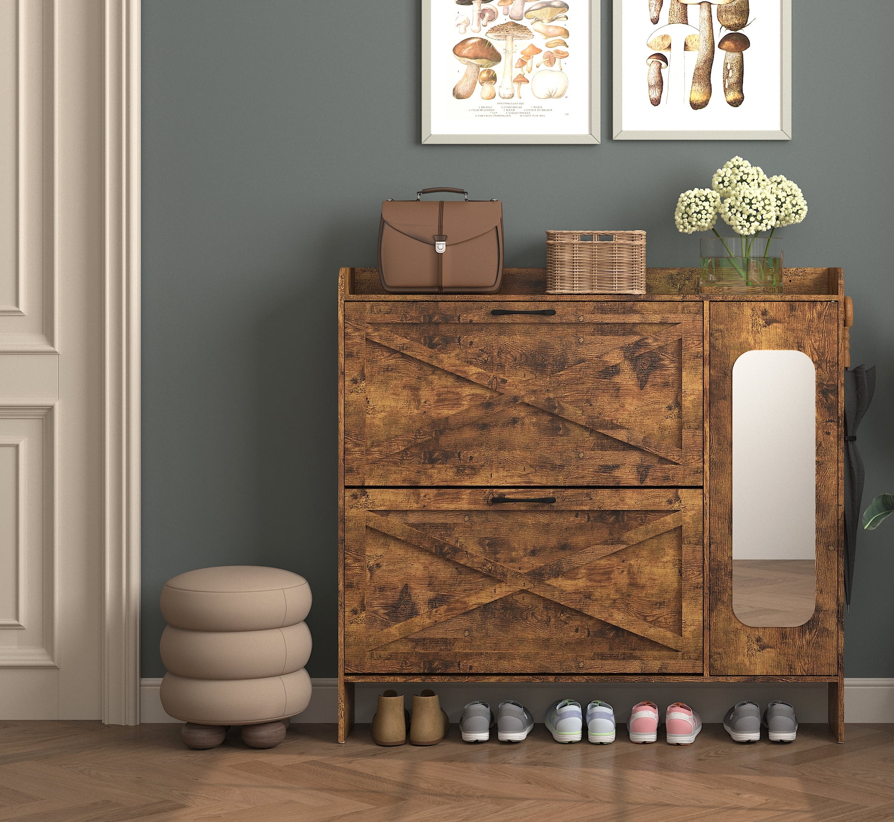 Mintazer Farmhouse Shoe Cabinet with Mirror & 2 Flip Drawers, 2-Tier Freestanding Shoe Organizer with Storage & Adjustable Dividers for Entryway, Brown