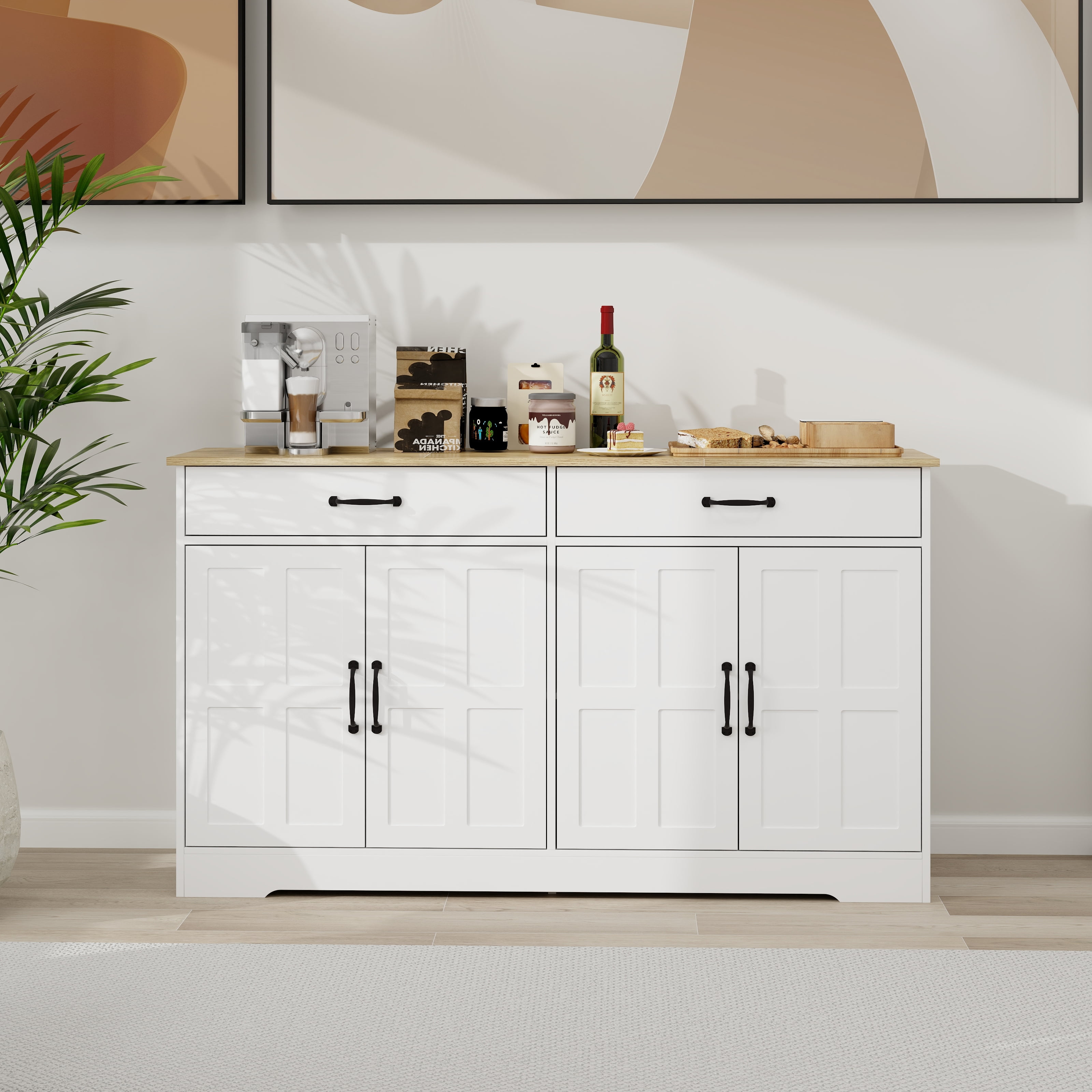 Mintazer Farmhouse Sideboard Buffet Cabinet with 2 Drawers & 4 Doors, Freestanding Storage Cupboard with Adjustable Shelves for Kitchen Dining Room Living Room, White