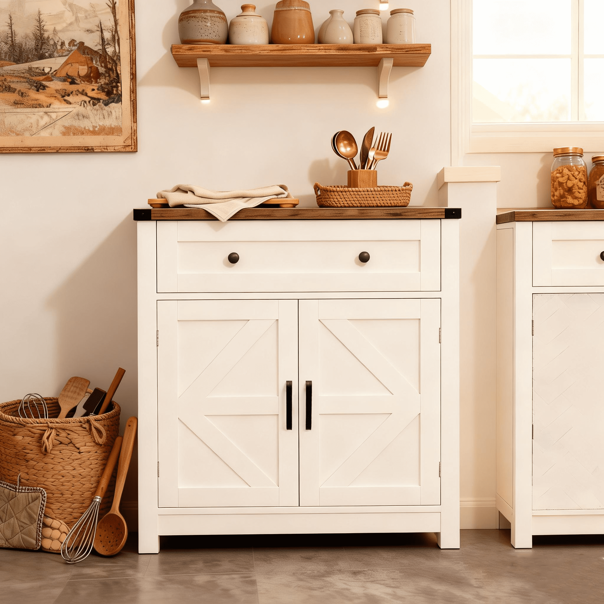Mintazer Farmhouse Sideboard Cabinet with Barn Doors & Drawer, Rustic Storage Cabinet for Kitchen & Living Room, White