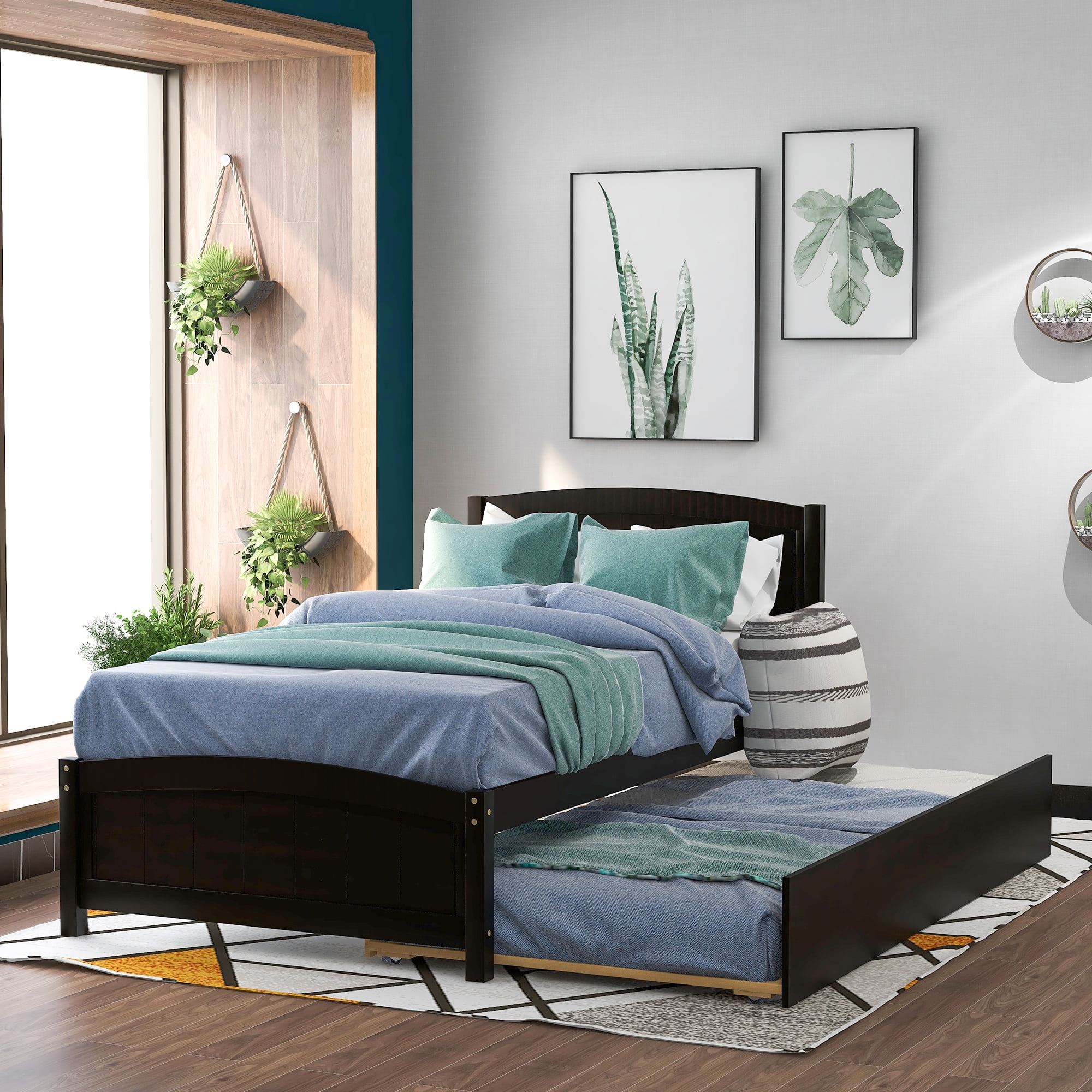 Mintazer Farmhouse Solid Wood Twin Platform Bed Frame with Trundle for Teens, Boys, Girls, No Box Spring Needed, Espresso