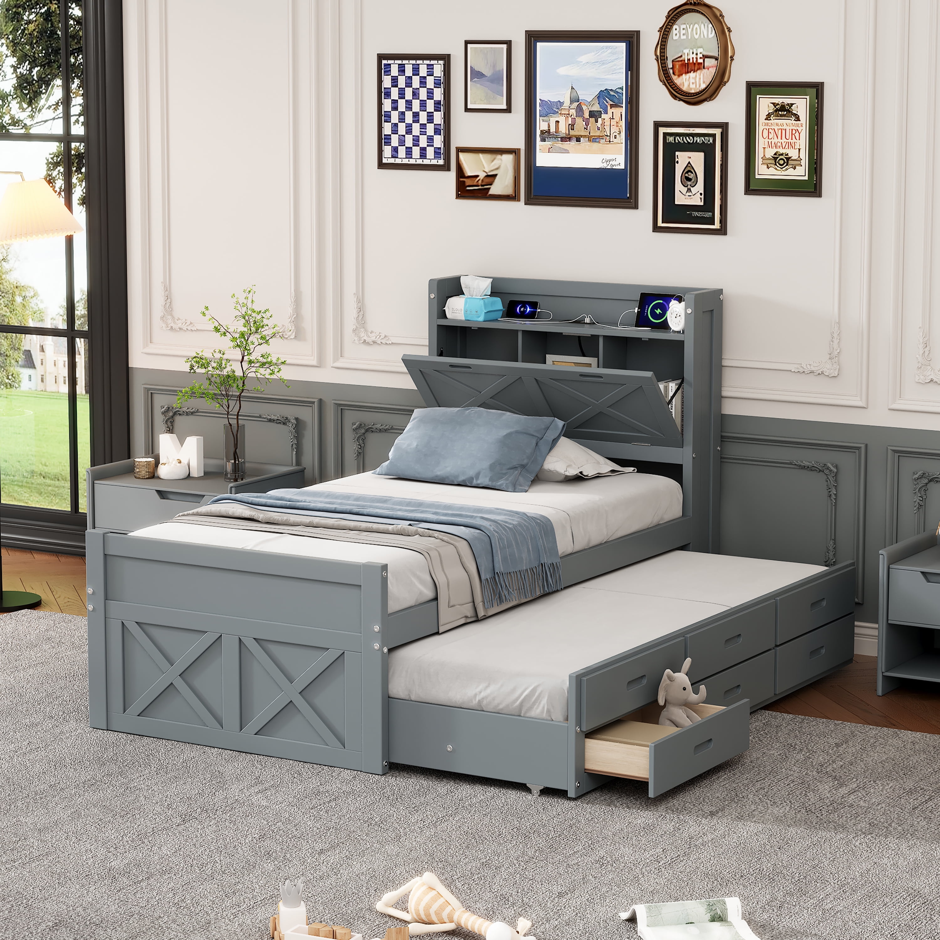 Mintazer Farmhouse Twin Bed with Trundle & 3 Drawers, Extendable Platform Bed with Headboard Storage & Charging Station for Bedroom, Gray