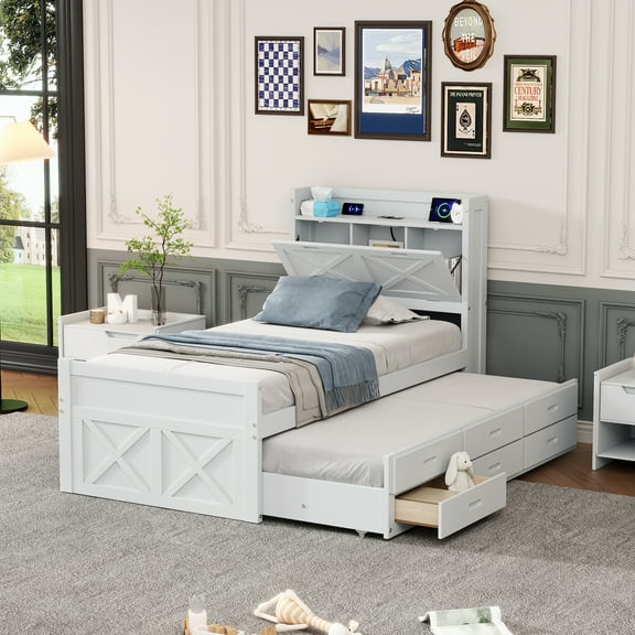 Mintazer Farmhouse Twin Bed with Trundle & 3 Drawers, Extendable Platform Bed with Headboard Storage & Charging Station for Bedroom, White