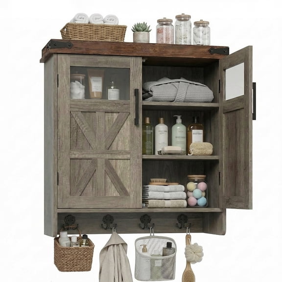 Mintazer Farmhouse Wall-Mounted Storage Cabinet with Hooks, Bathroom Medicine Cabinet with Adjustable Shelves & Doors for Kitchen Laundry Room, Gray