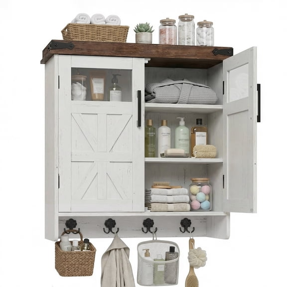 Mintazer Farmhouse Wall-Mounted Storage Cabinet with Hooks, Bathroom Medicine Cabinet with Adjustable Shelves & Doors for Kitchen Laundry Room, White
