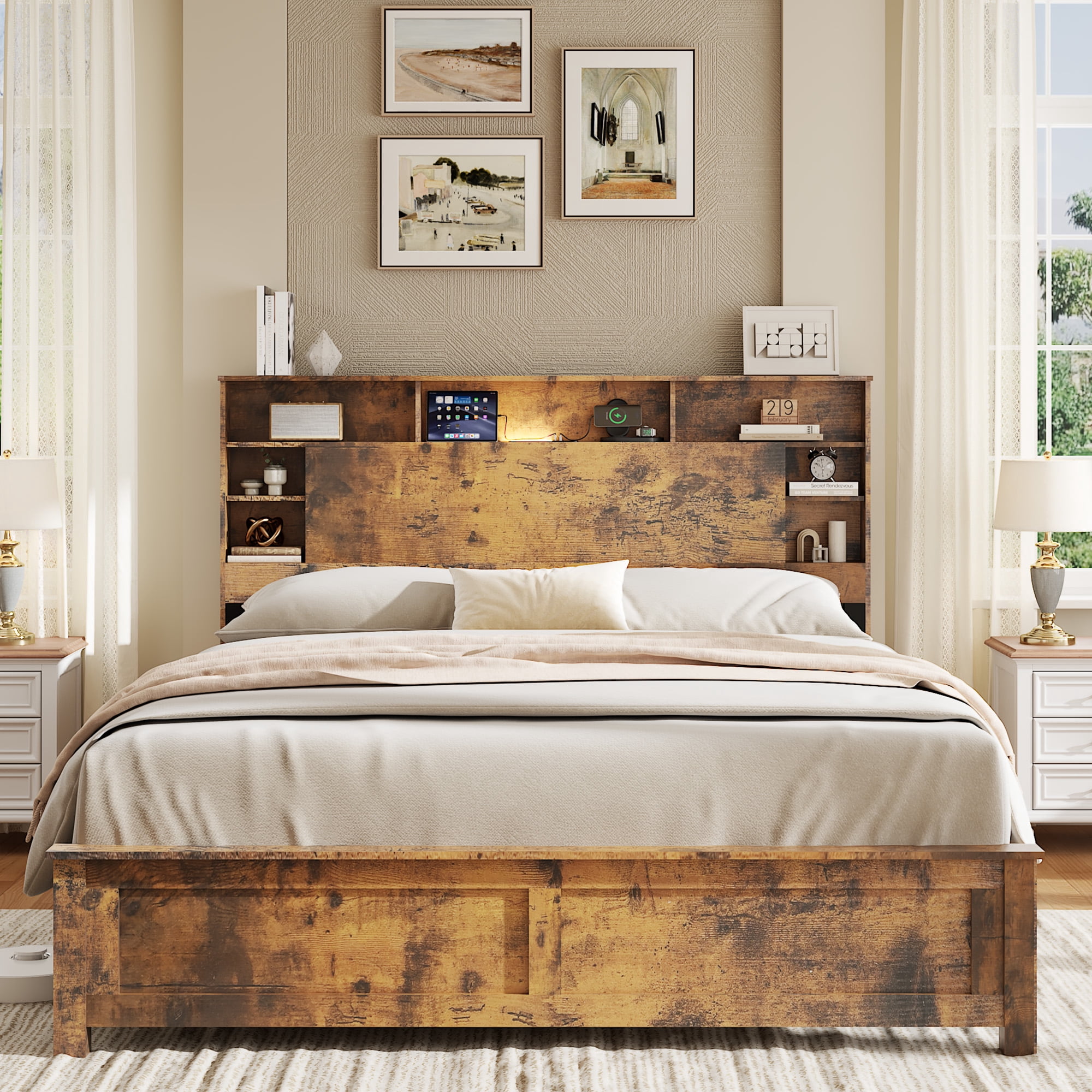 Mintazer Farmhouse Wooden Queen Platform Bed with 8 Shelves Storage Headboard, USB Charging Station and Mini LED Lighting, Brown