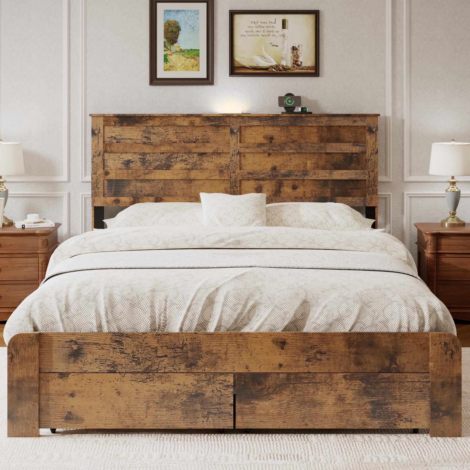 Mintazer Farmhouse&nbsp;Queen Bed Frame with 2 Storage Drawers, Wooden Platform Bed with LED Headboard & Charging Station, No Box Spring Needed, Brown