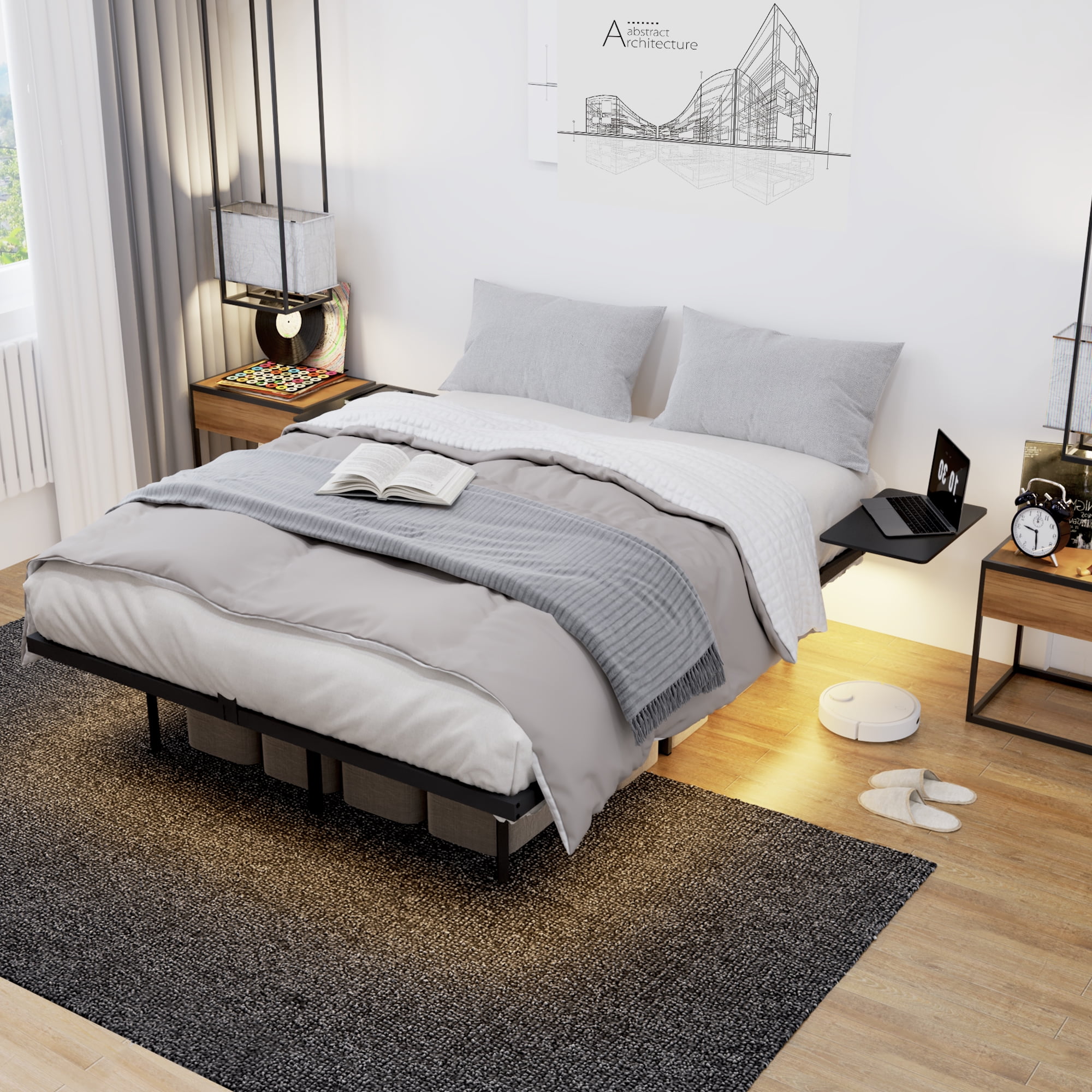 Mintazer Floating Bed Full Size Platform Bed Frame with LED Light & Under-Bed Storage for Bedroom, Noise Free, Black