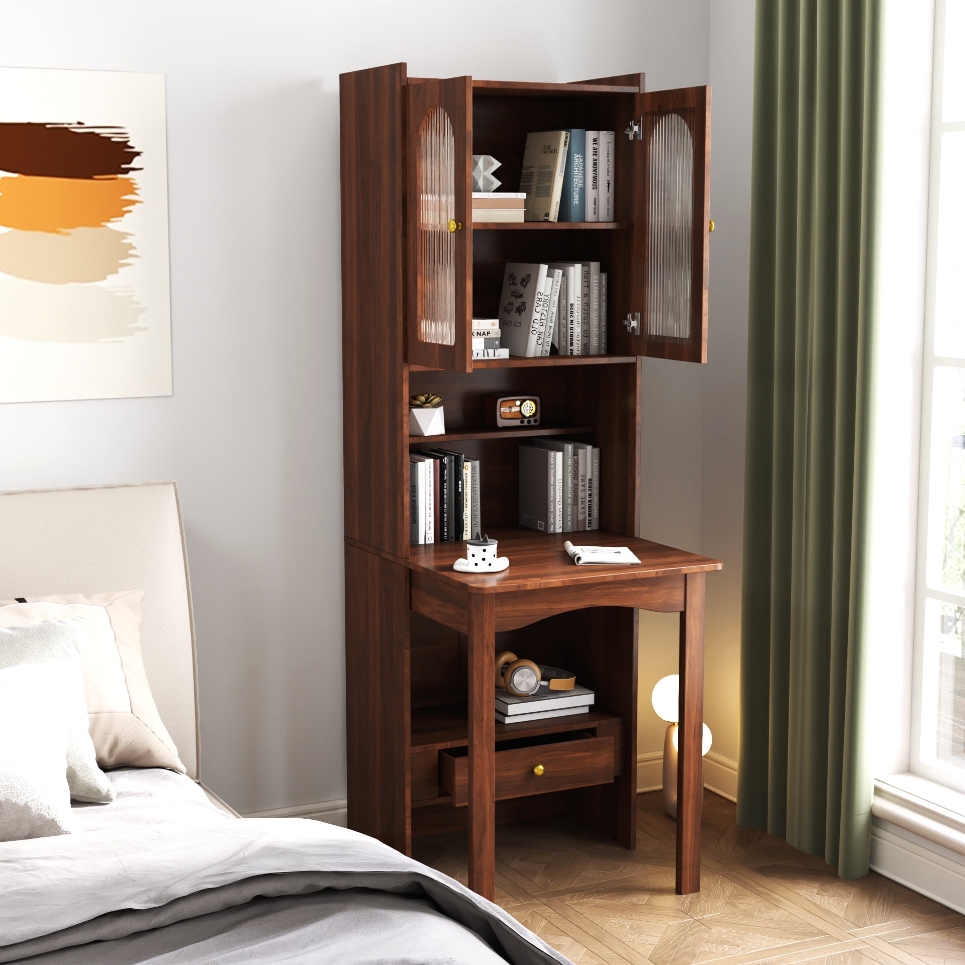 Mintazer Fold Out Convertible Desk with Bookshelf, Desk Cabinet with Drawer & Storage Shelves for Home Office, Walnut