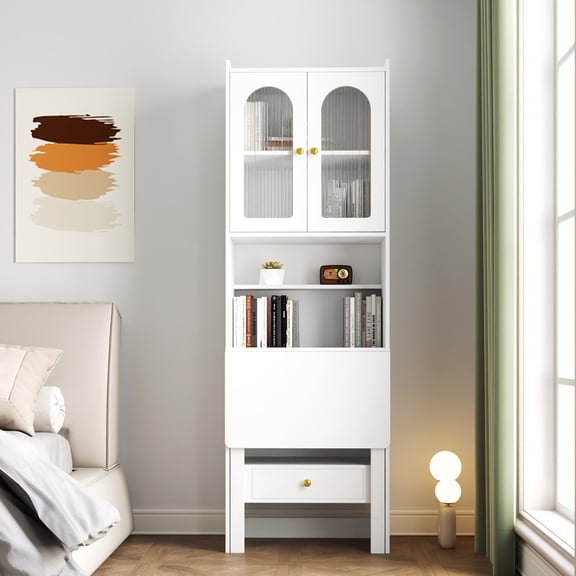 Mintazer Fold Out Convertible Desk with Bookshelf, Desk Cabinet with Drawer & Storage Shelves for Home Office, White