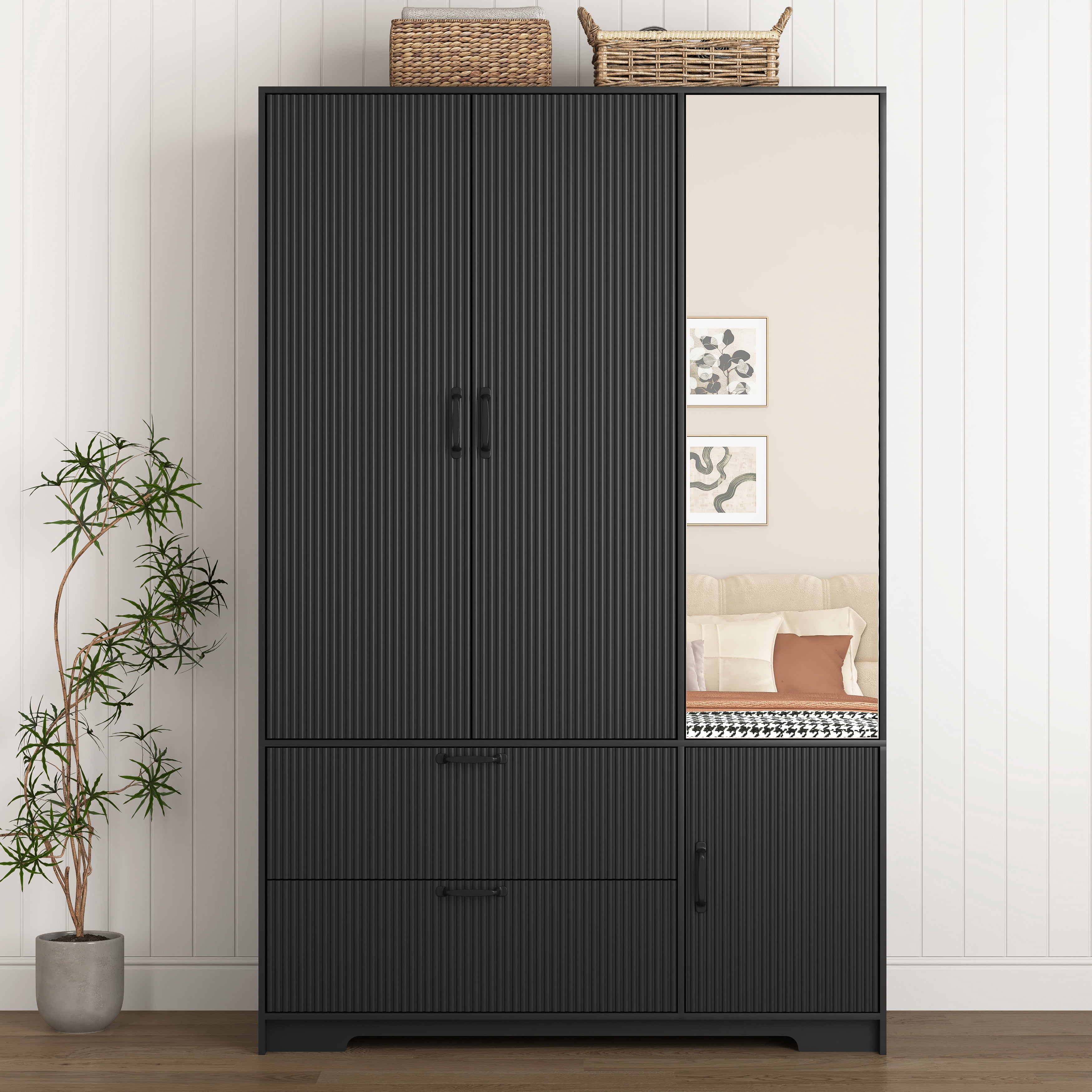 Mintazer Freestanding Wardrobe Armoire with Mirror & 4 Door, 71" Tall Clothing Storage Cabinet with Motion Sensor Light & 2 Large Drawers for Bedroom, Black
