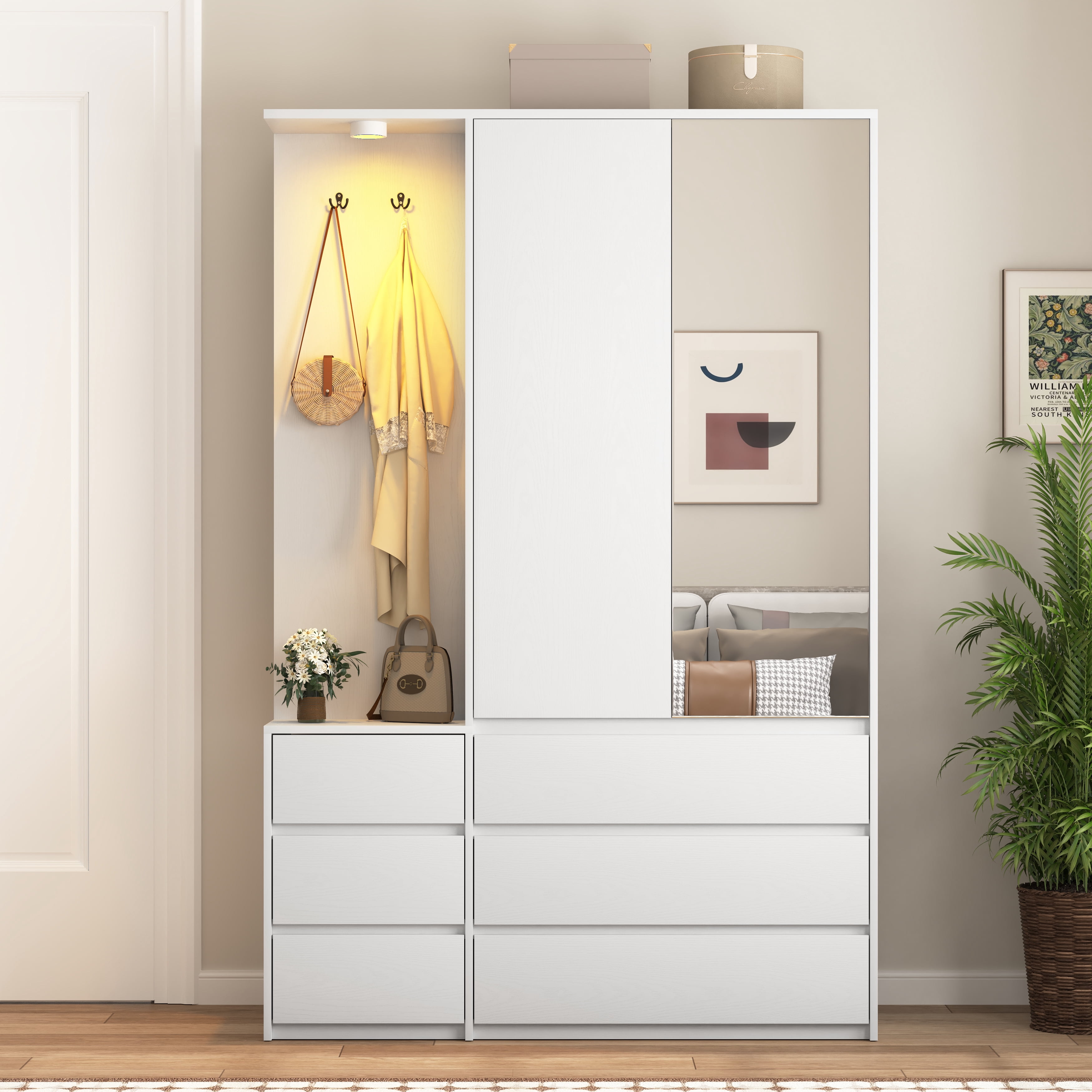 Mintazer Freestanding Wardrobe Armoire with Mirror Door, Open Coat Nook & 6 Drawers, 71" Tall Clothing Storage Cabinet with Hanging Rod & Light for Bedroom, White