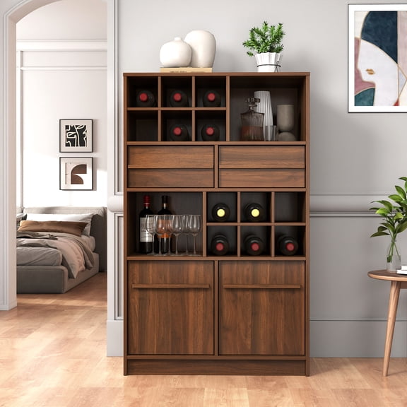 Mintazer Freestanding Wine Bar Cabinet with 12 Bottle Wine Cubbies, Sideboard Buffet with 2 Drawers & 2 Door for Kitchen Dining Room Living Room, Walnut Brown