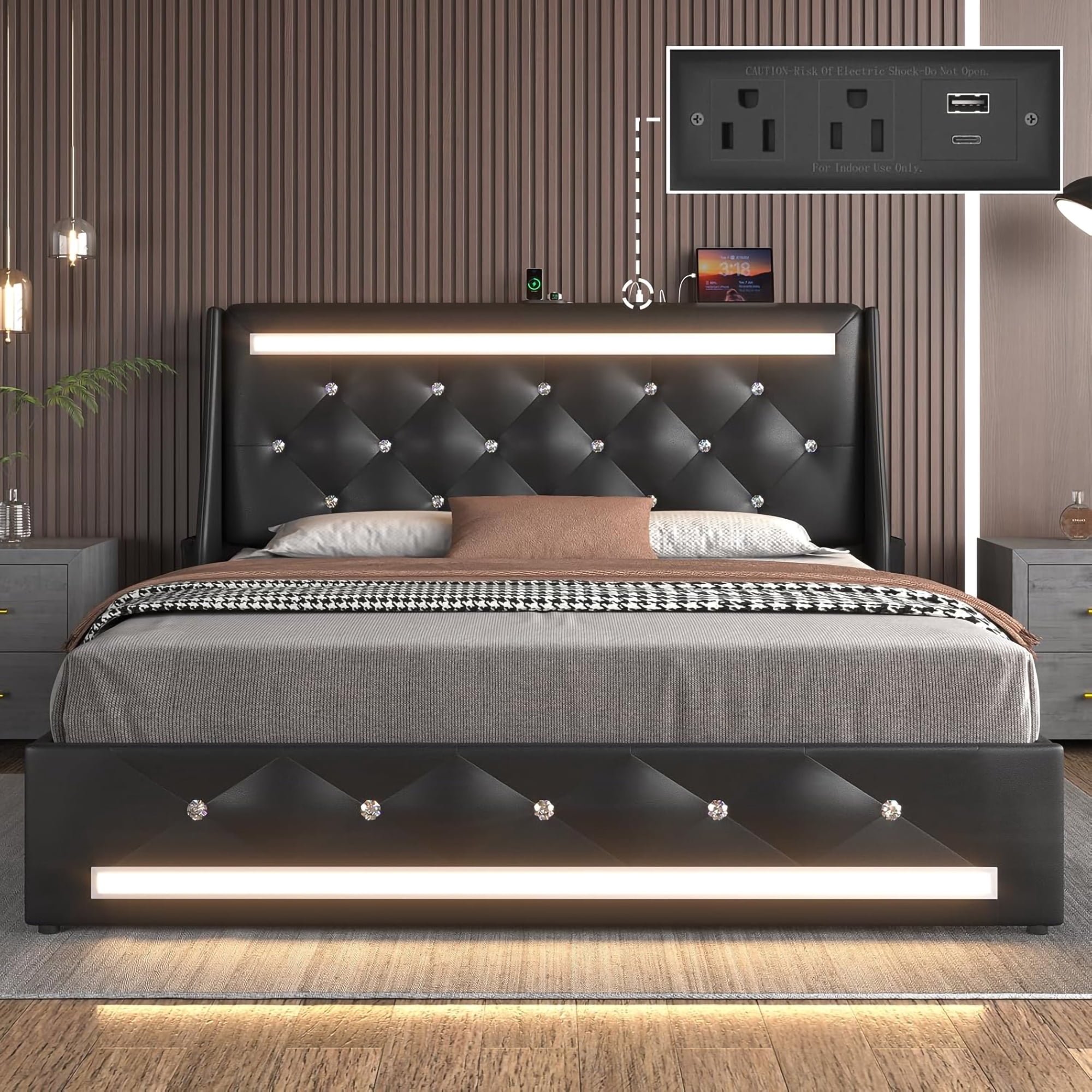Mintazer Full Bed Frame with LED Lights & Charging Station, Diamond Tufted Upholstered Platform Bed with 2 Side Storage Pockets for Bedroom, Black