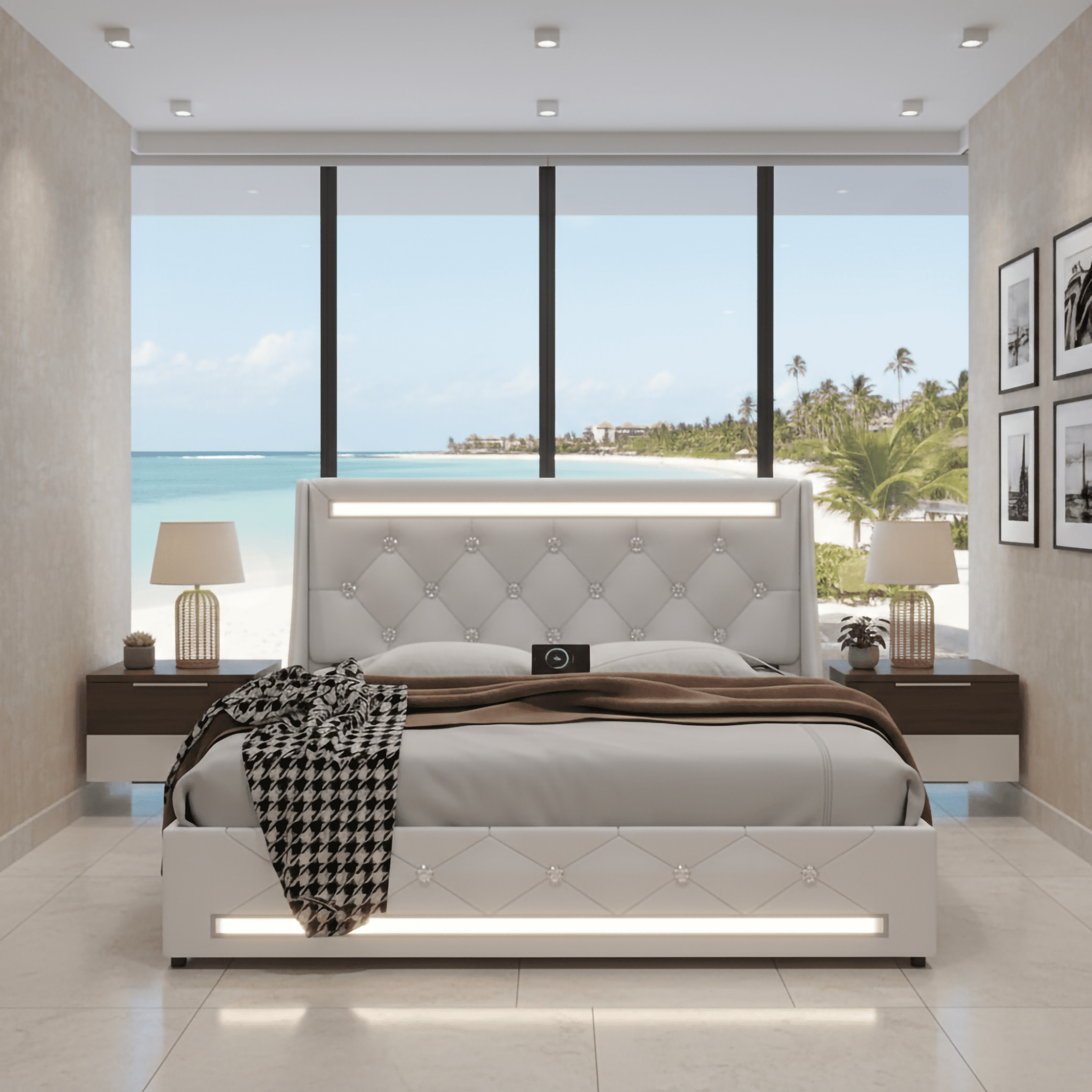 Mintazer Full Bed Frame with LED Lights & Charging Station, Diamond Tufted Upholstered Platform Bed with 2 Side Storage Pockets for Bedroom, White