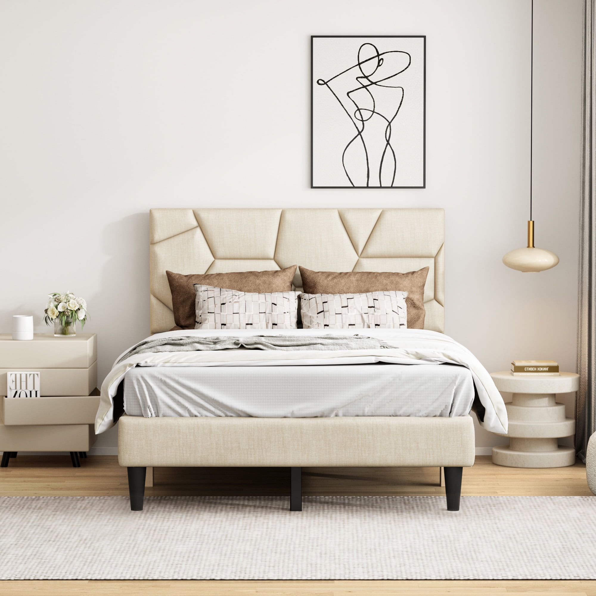 Mintazer Full Bed Frame with Upholstered Headboard, Modern Heavy Duty Steel Platform Bed Frame for Bedroom, No Box Spring Needed, Beige