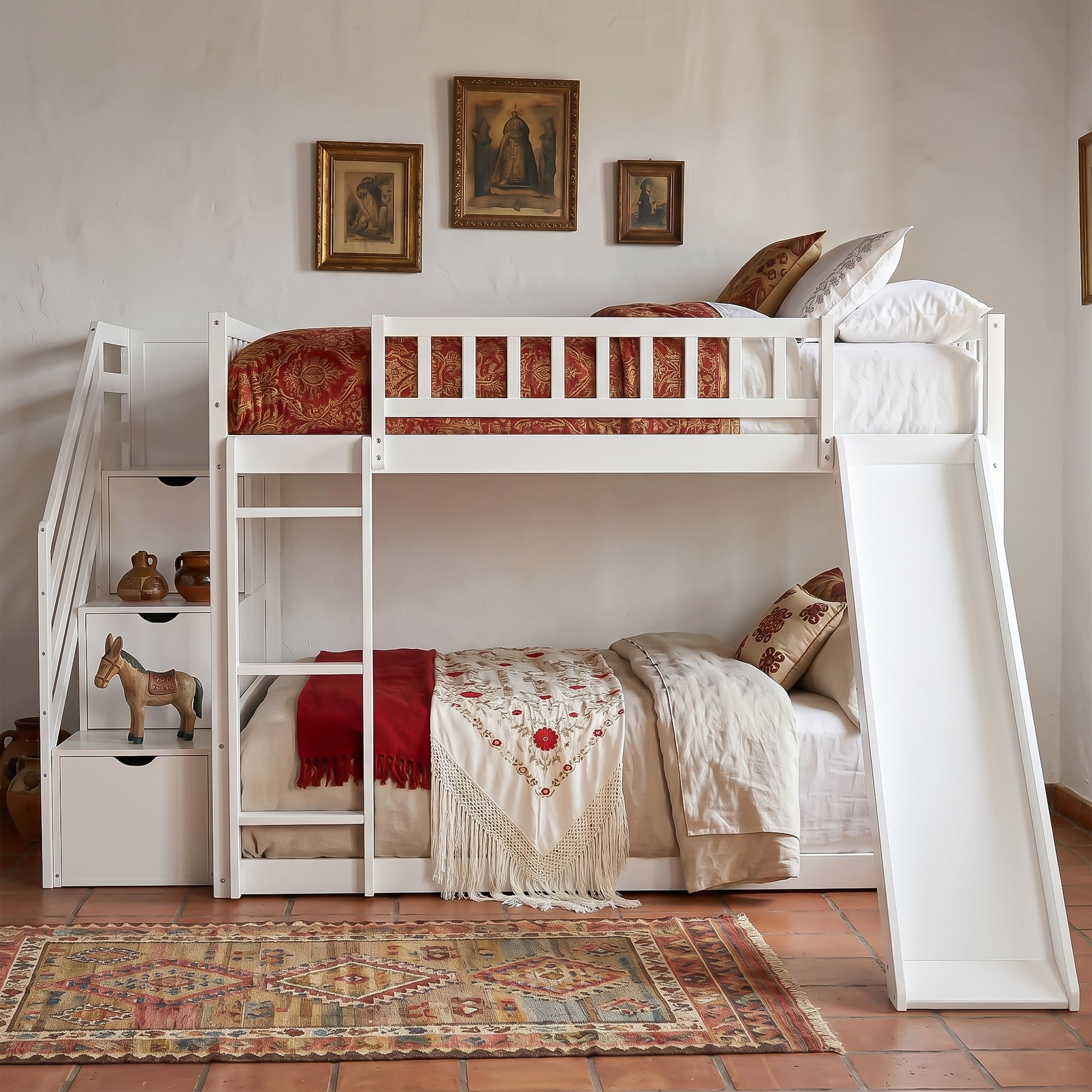 Mintazer Full Over Full Bunk Bed with Storage Staircase & Convertible Slide, Kids Bunk Bed Frame with Guardrails & Ladder, No Box Spring Needed, White