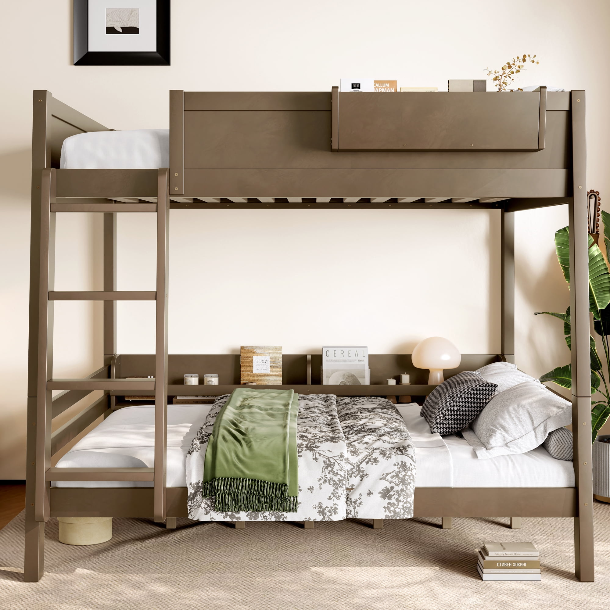 Mintazer Full Over Full Detachable Bunk Bed with Storage Shelf and Bookshelf, Modern Convertible Bunk Bed with Ladder and Guardrails for Bedroom Guest Room, Vintage Brown