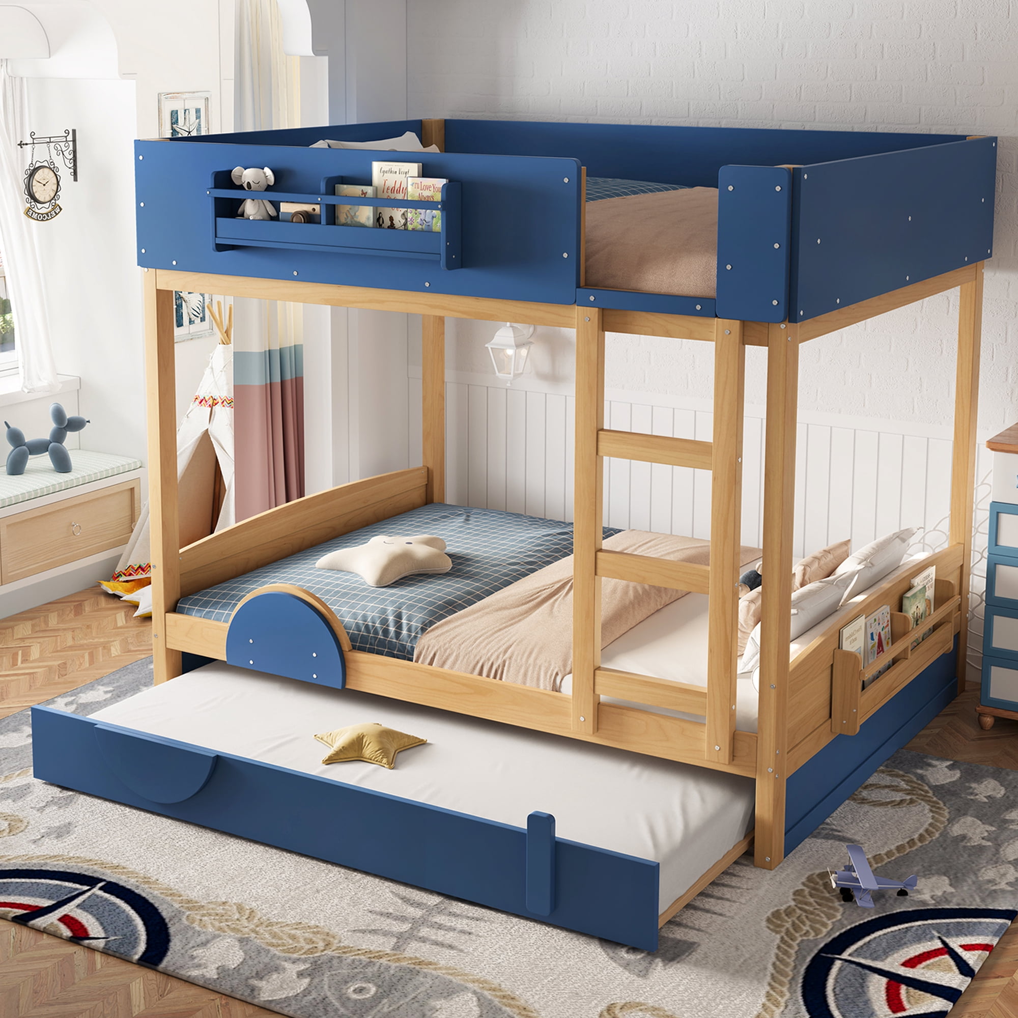 Mintazer Full Over Full Car Themed Bunk Bed with Trundle & Bookshelf, Modern Bunk Bed with Guardrail for Kids, Natural & Blue