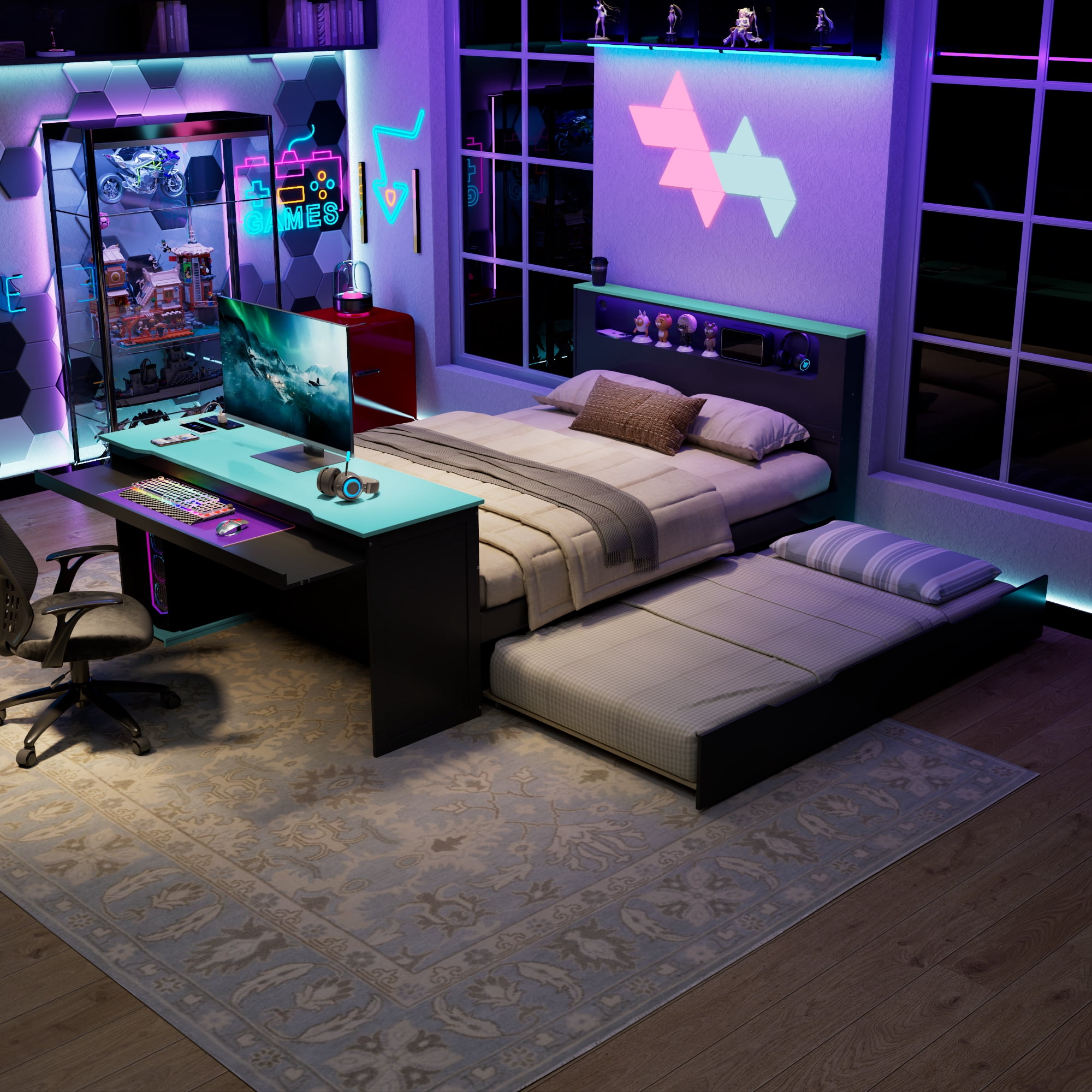 Mintazer Full Gaming Bed with Charge Station & Lights, Daybed with Desk & Trundle for Home Office, Black & Blue