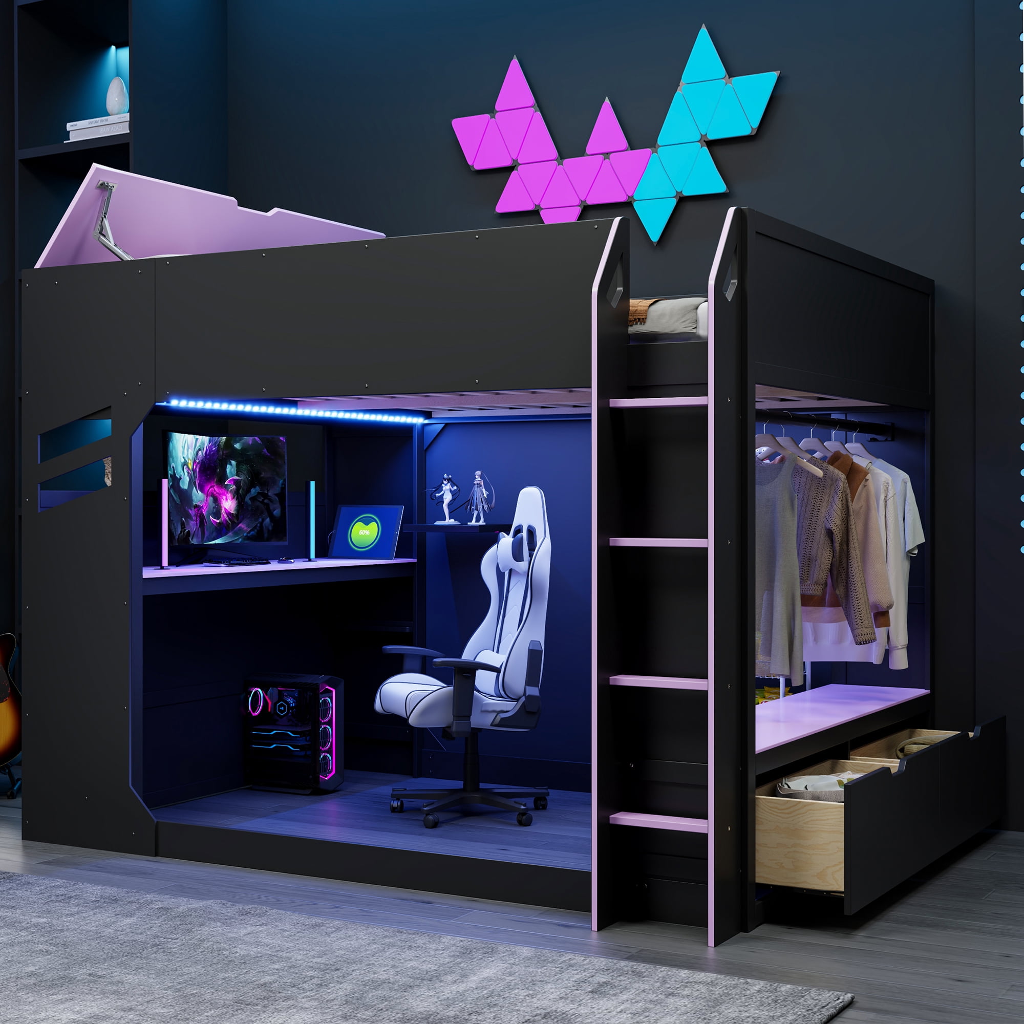 Mintazer Full Gaming Loft Bed with Adjustable Desk & RGB LED Light, Multifunctional Loft Bed with Storage Drawers & Clothing Hanging Rod, Black & Purple