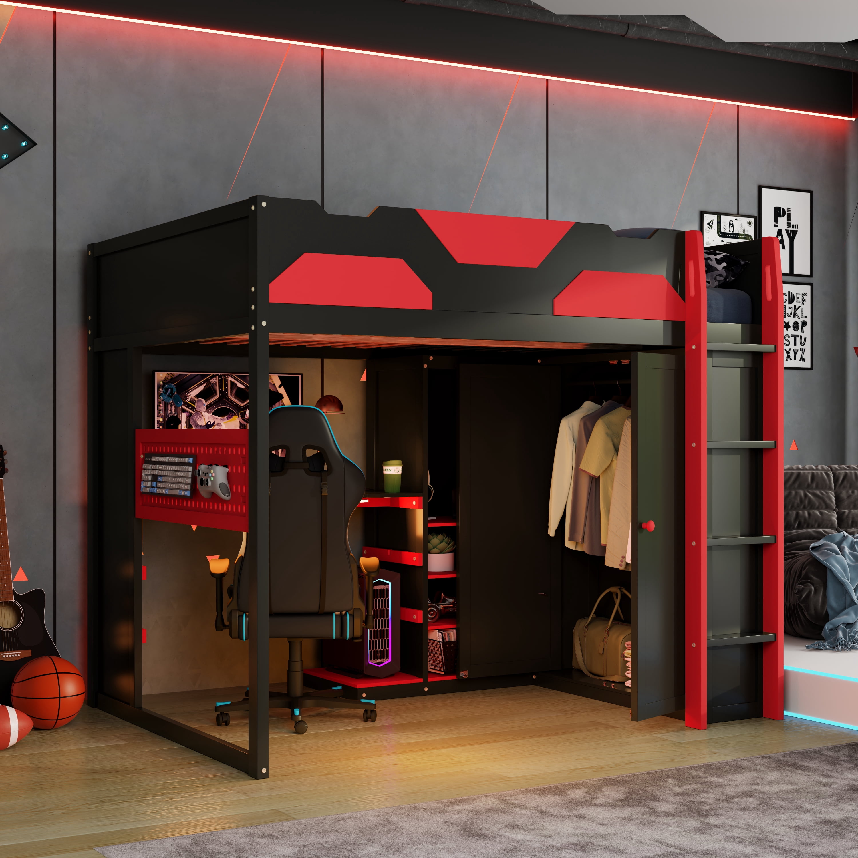 Mintazer Full Gaming Loft Bed with Adjustable Desk & Wardrobe, Modern Design with RGB Lights & Storage Pegboard, Black & Red