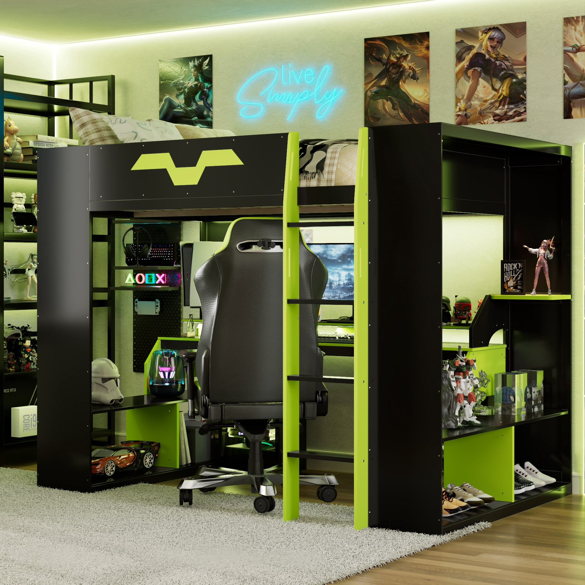 Mintazer Full Size Gaming Loft Bed with RGB LED Lights, Power Outlets and Dual Side Storage Shelves, Black & Green