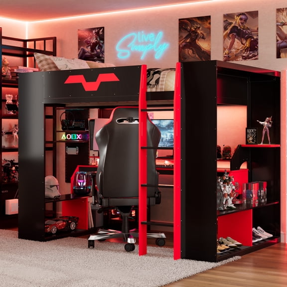 Mintazer Full Gaming Loft Bed with LED Lights & Power Outlet, Modern Loft Bed with Dual Side Storage Shelves, Black & Red