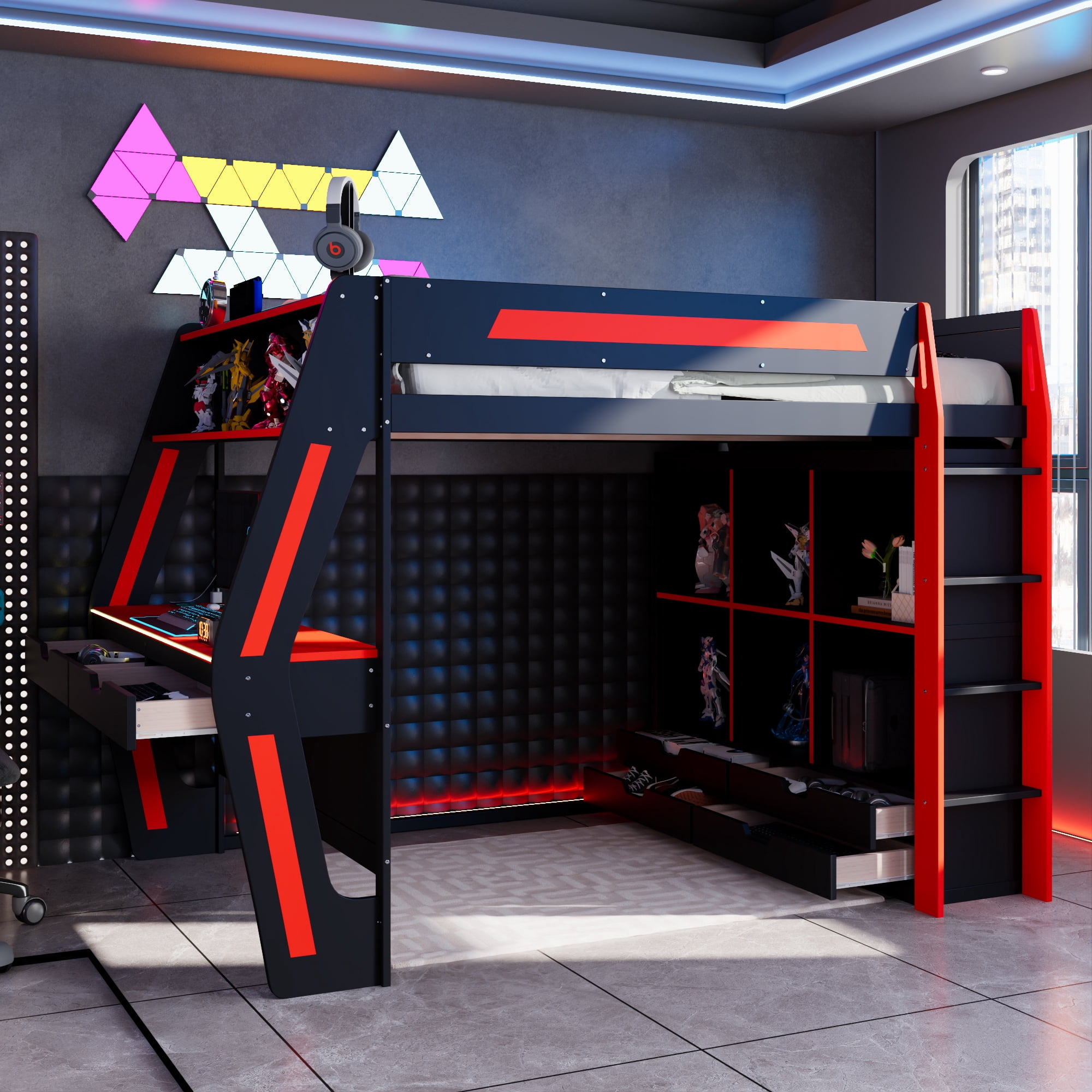 Mintazer Full Gaming Loft Bed with Lights & Desk, Modern Loft Bed with 6 Cubbies & 6 Storage Drawers, Black & Blue