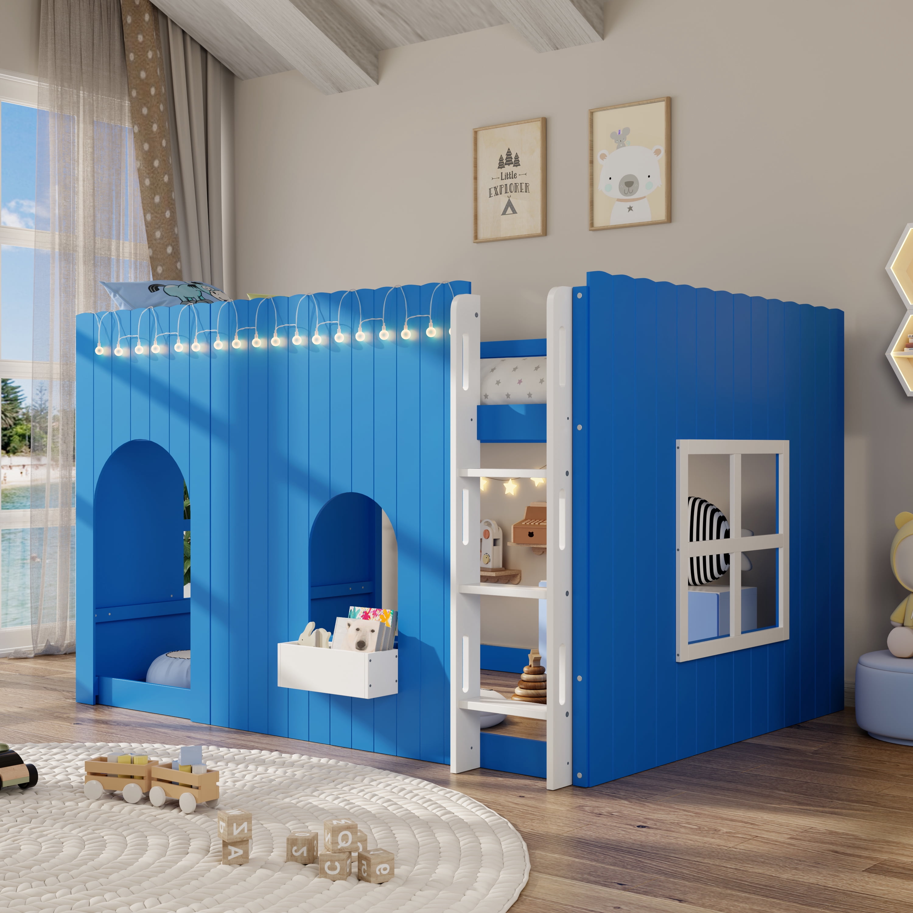 Mintazer Full House Loft Bed with LED Lights, Kids Playhouse Bed with Ladder, Blue