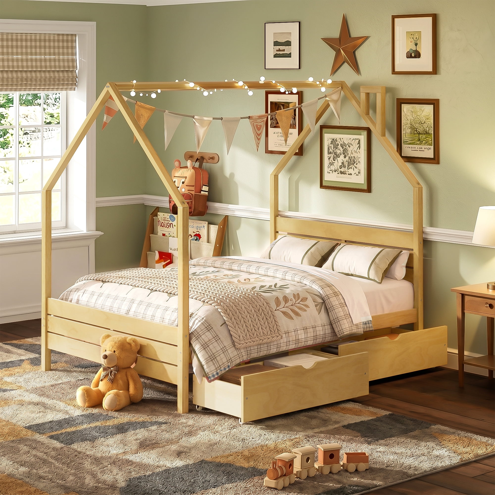 Mintazer Full Kids House Canopy Platform Bed with 2 Storage Drawers, Montessori Bed with Headboard for Bedroom, Natural