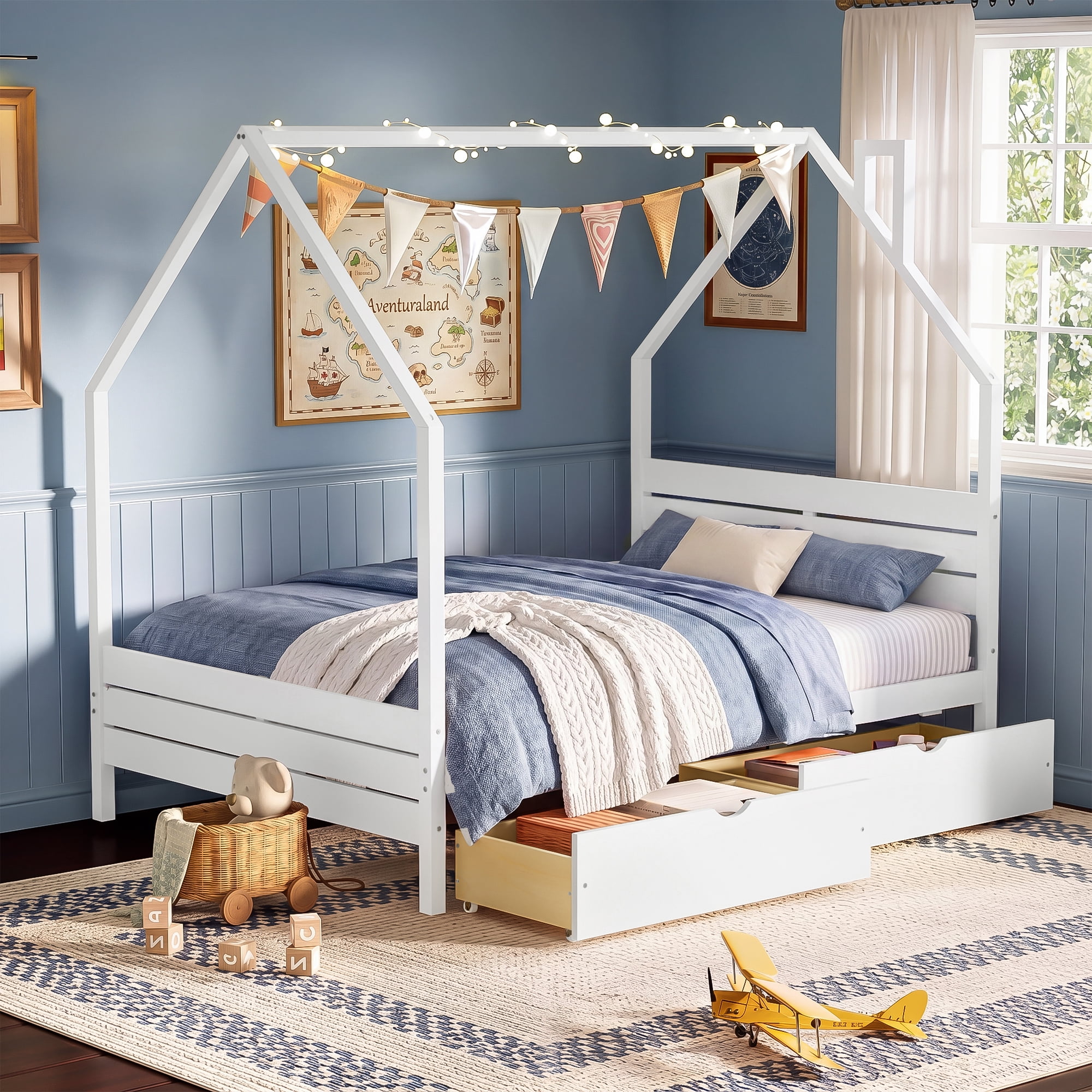 Mintazer Full Kids House Canopy Platform Bed with 2 Storage Drawers, Montessori Bed with Headboard for Bedroom, White