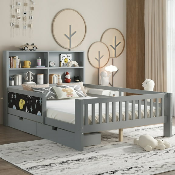Mintazer Full Kids Platform Bed with Storage Headboard Shelves and Chalkboard, Wood Slat Support Storage Bed with 2 Drawers & Satety Fence for Boys Girls, Gray
