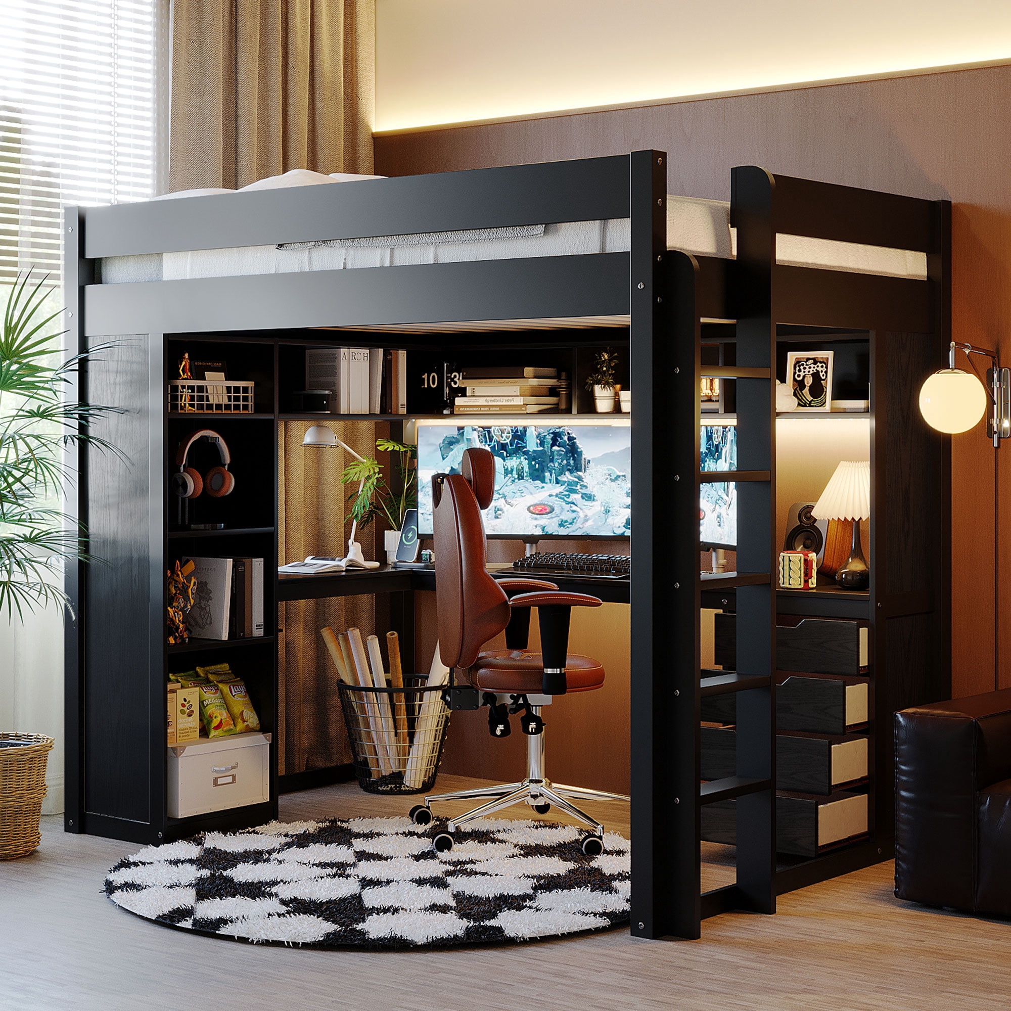 Mintazer Full Loft Bed with L-Shaped Desk & Smart LED Lights and Charge Station, Modern Loft Bed with 4 Storage Drawers & Shelves, Black
