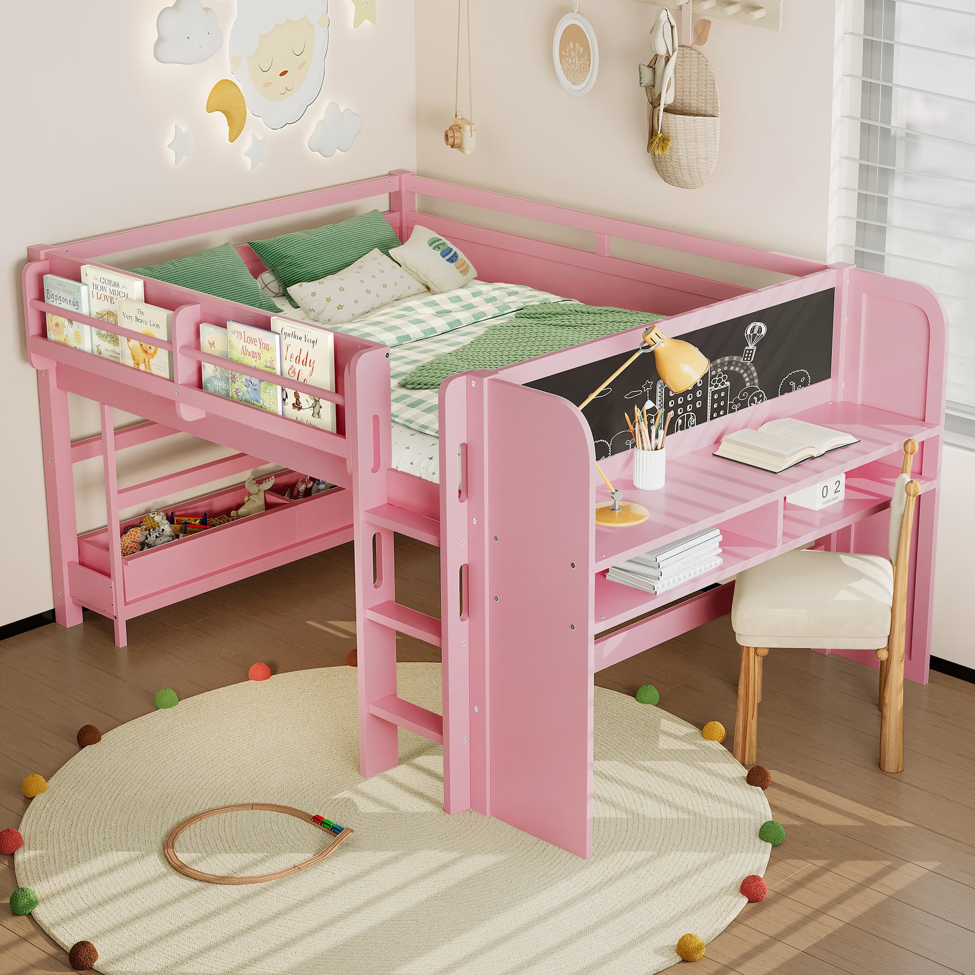 Mintazer Full Low Loft Bed with Desk & Blackboard, Kids Loft Bed with Storage Drawers, No Spring Box Needed, Pink